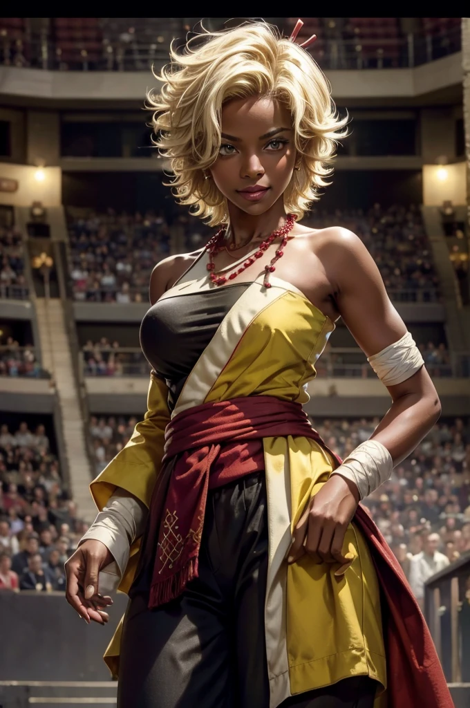 arslanaltan, 1girl, blonde hair, short hair, green eyes, dark skin, brown skin, hair ornament, sash, baggy pants, bandages, bare shoulders, necklace, hands on hips, (Masterpiece, Best Quality, Highres:1.2), Detailed, Intricate Details, 4K, solo, cowboy shot, high rating, standing, theater, audience, crowd, smile, looking at viewer,