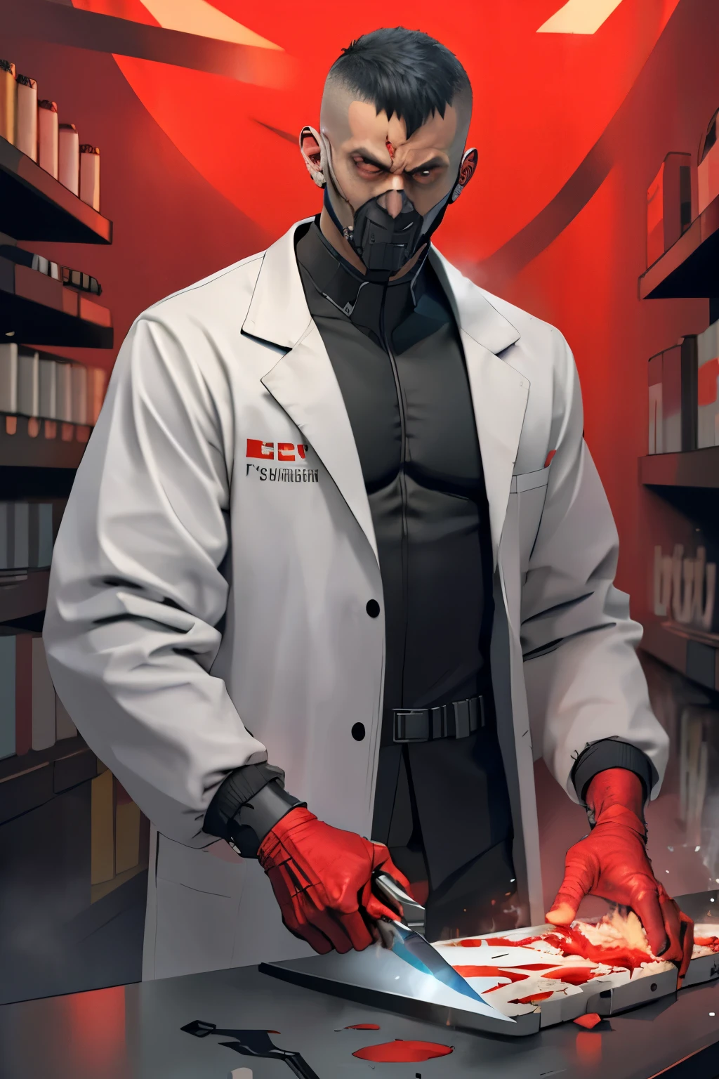 Pit head masked, lab coat, scalpel knife, Madman surgeon, supervillain