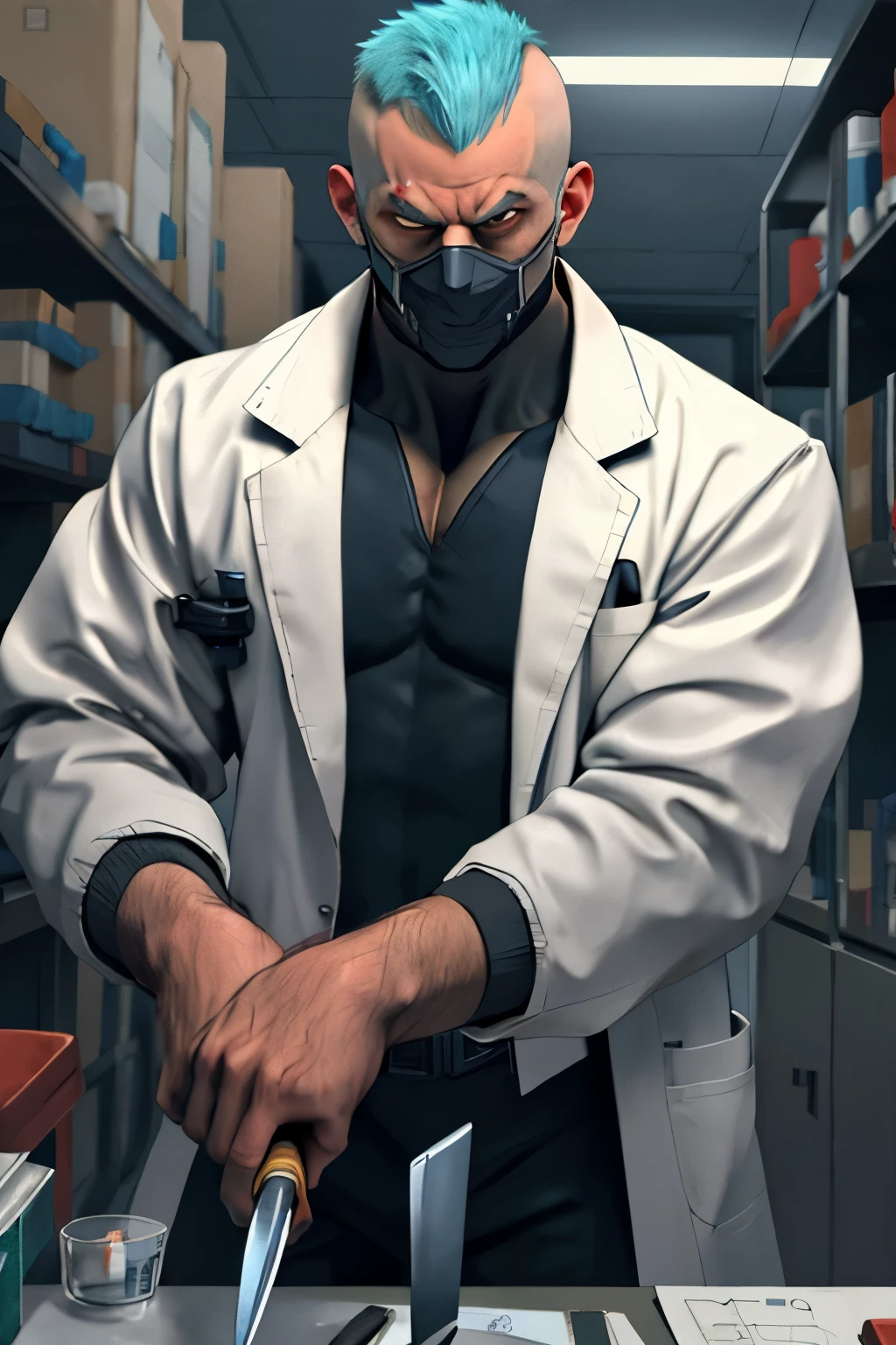 Pit head masked, lab coat, scalpel knife, Madman surgeon, supervillain