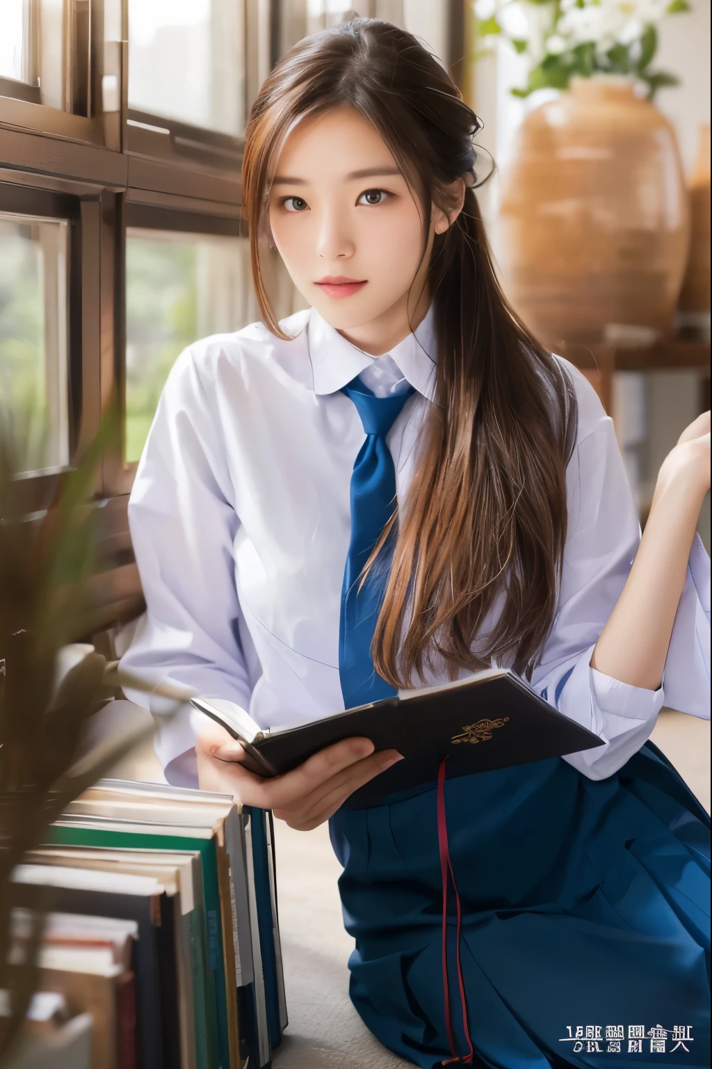 There was a woman sitting on the floor reading a book., wearing Japanese school uniform, Wearing a headmaster&#39;s uniform, Japanese school uniform, Japanese female school uniform, a hyperrealistic schoolboy, Dressed up as a schoolboy, hyperrealistic schoolboy, realistic schoolboy, Wear a , young woman wearing uniform, cute schoolboy, wear , of posing