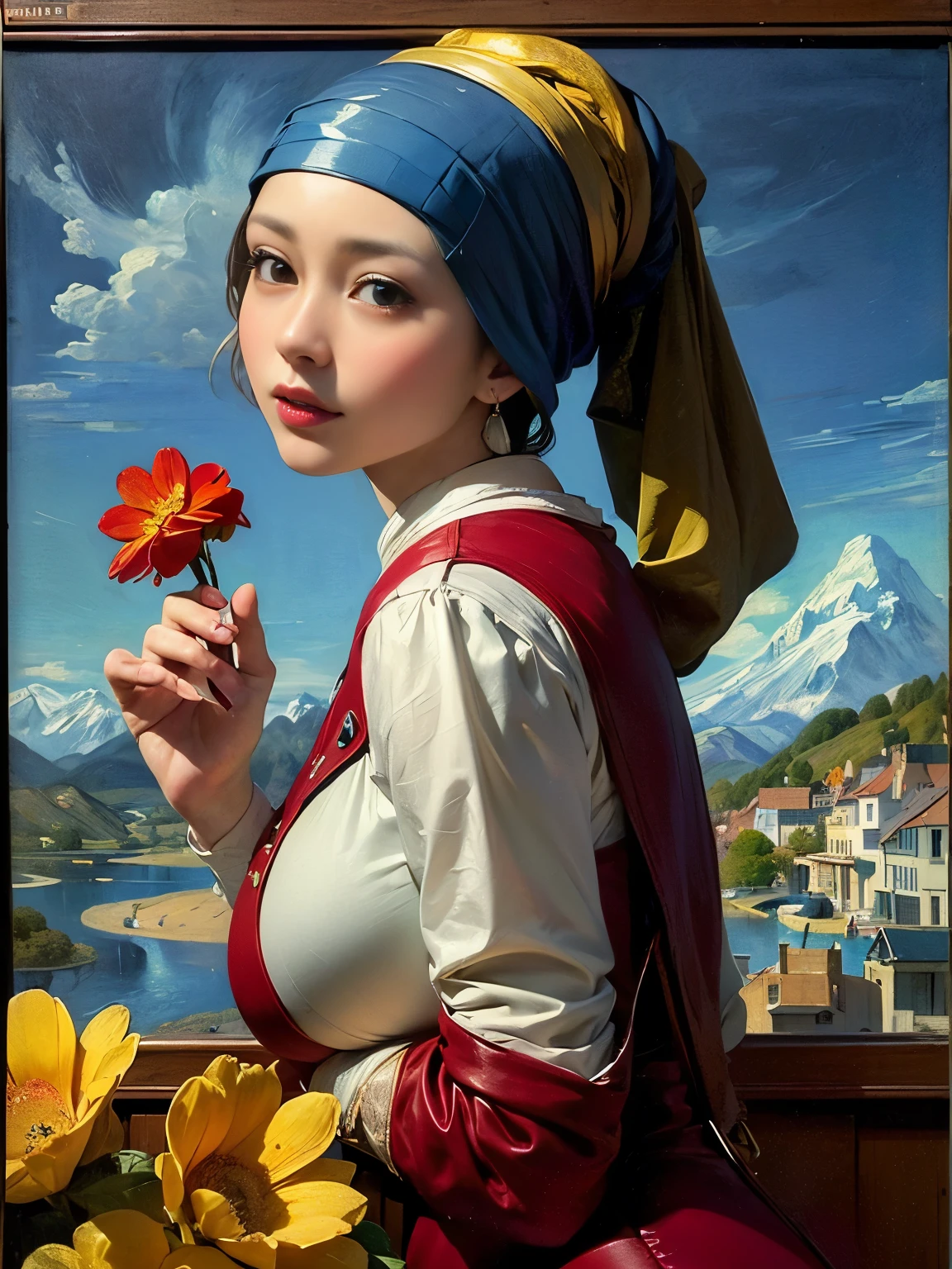 (8k, highest quality, masterpiece)，{Realistic, RAW Photos, Super Fine Clear, portrait, (Influenced by impressionist paintings, Influenced by vermeer's style paintings:1.6)}, Realistic Light, Detailed skin, (1 beautiful lady with a slim body, Age 25, princess:1.5), Thin legs, fine grain, Long white hair, Detailed fingers, thin, Sexual, Expressions of Ecstasy, dynamic and sexy poses, (huge bouncing firm bust:1.4), (Crimson color dress:1.2),(The chest of dress is widely open;1.6), Exposing the breasts, (Shangria, Flower Storm:1.8), wide beautiful scenery, (mountain side, river side:1.5), (many animals and birds:1.2)