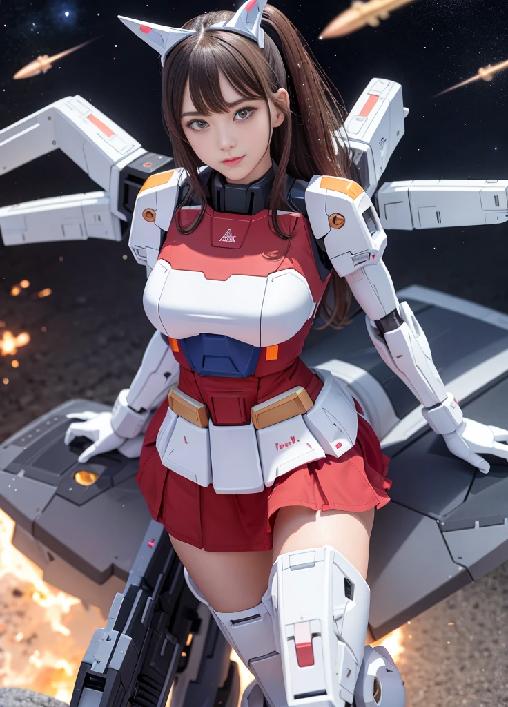 (best quality)、(masterpiece)、detailed、realism、Mobile Suit Gundam F91 Anthropomorphic、Highlights of the upper body, powerful mecha,
Beam rifle, girl, 21 years old, , beautiful eyes, Modest nose, Moisturizes lips、Smile, Absolute area, Wet and slightly thick thighs,
Short skirt, Very intimate、Spread your legs, whole body, universe, Battle scene,Revel in the breathtaking views、