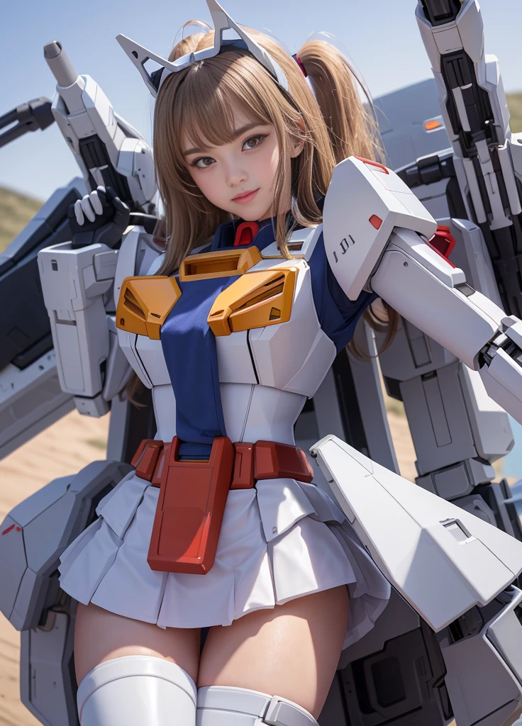 (best quality)、(masterpiece)、detailed、realism、Mobile Suit Gundam F91 Anthropomorphic、Highlights of the upper body, powerful mecha, 
Beam rifle,  girl, 21 years old, , beautiful eyes, Modest nose, Moisturizes lips、Smile, Absolute area, Wet and slightly thick thighs, 
Short skirt, Very intimate、Spread your legs, whole body, universe, Battle scene,Revel in the breathtaking views、