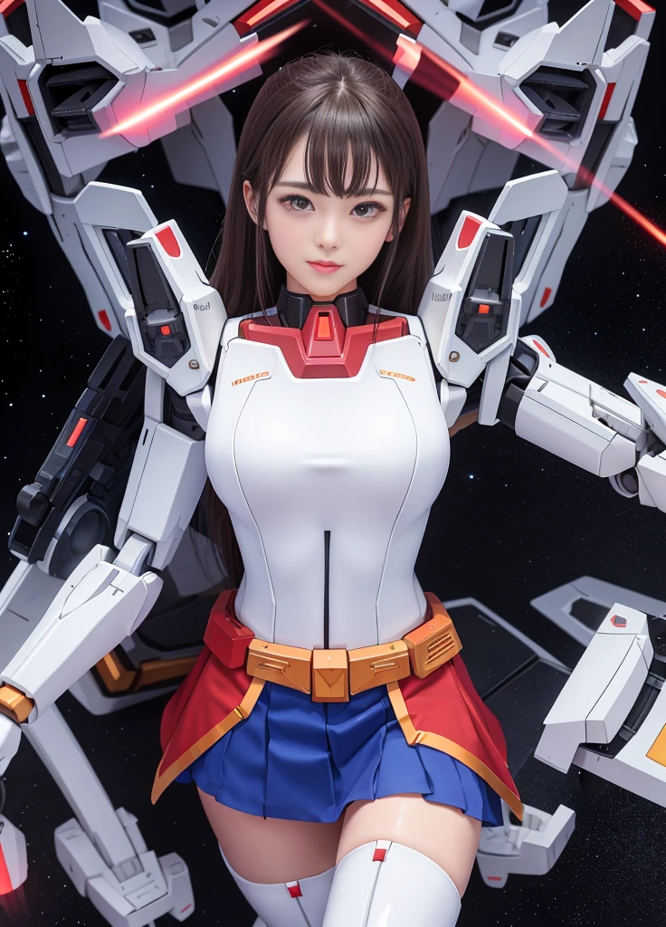 (best quality)、(masterpiece)、detailed、realism、Mobile Suit Gundam F91 Anthropomorphic、Highlights of the upper body, powerful mecha, 
Beam rifle,  girl, 21 years old, , beautiful eyes, Modest nose, Moisturizes lips、Smile, Absolute area, Wet and slightly thick thighs, 
Short skirt, Very intimate、Spread your legs, whole body, universe, Battle scene,Revel in the breathtaking views、