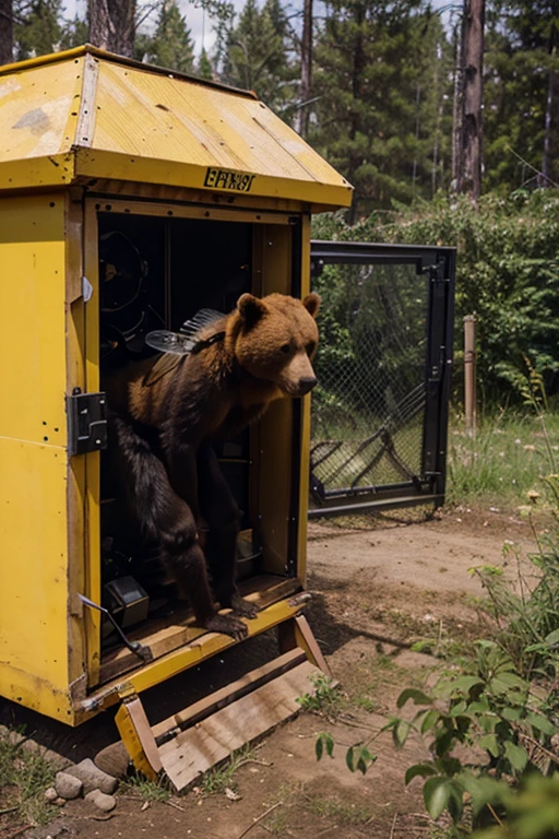 a bee entering the hive equipment made by human , a bear watching