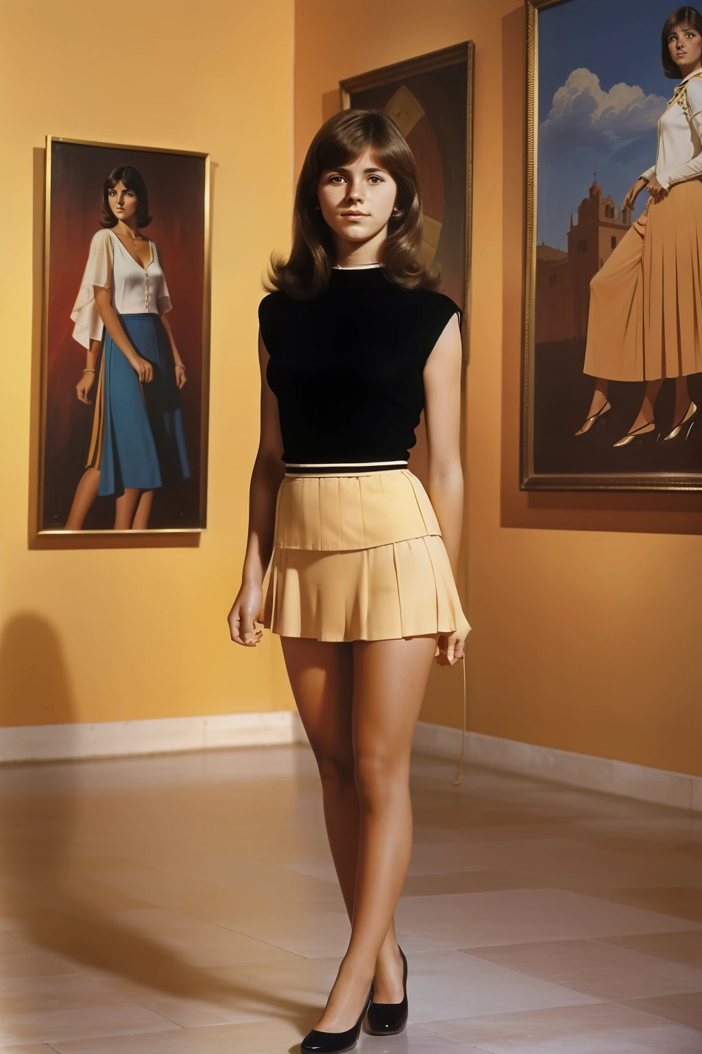 Tharsis, Spain, 1979. A young ((((17-year-old)) Carmela Estévez)), at the museum, paintings, ((((elegant clothings from the 1970s, short skirt)))), ((hairstyle of the 1970s)), colorful
