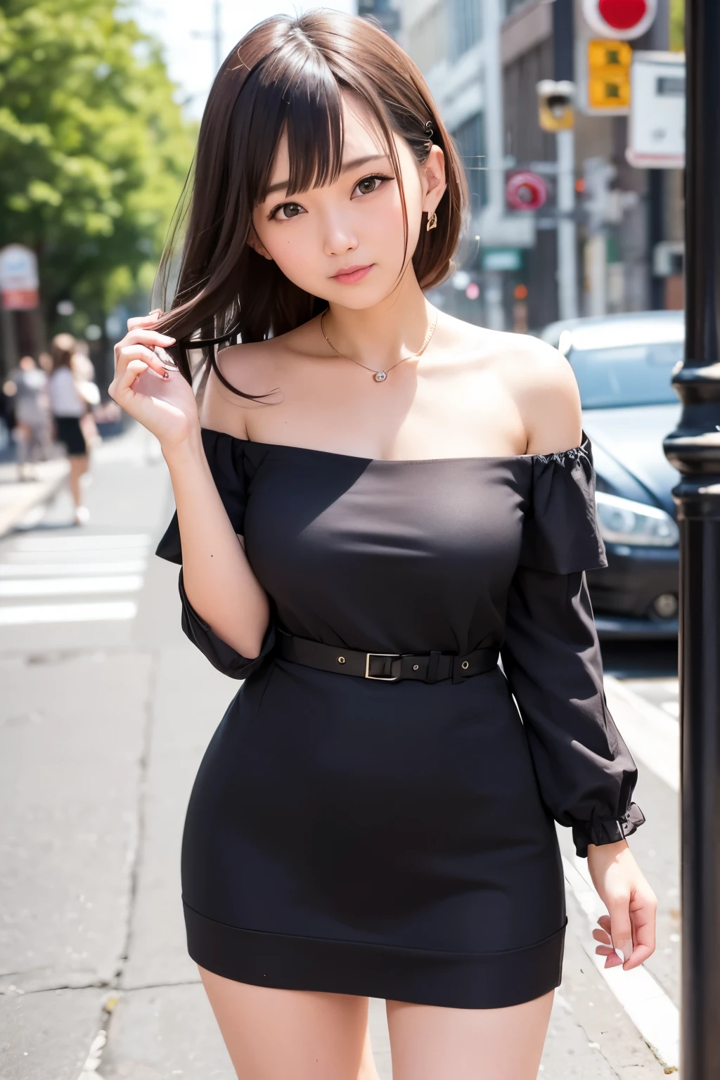 Off-shoulder dress, super miniskirt, 30-year-old housewife, street corner, blurred background, pinup