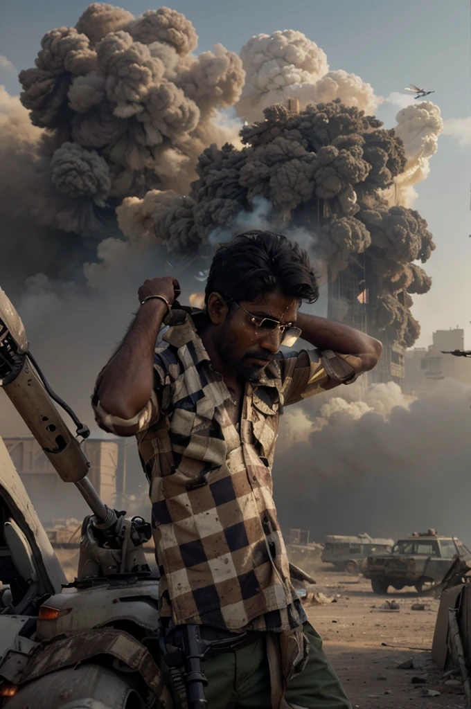 Visible brightness, Indian Man with rifles, Damaged buildings, Dust and smoke, Explosions, Debris, Helicopters flying low, Dynamic camera angles, Dramatic lighting, Dark and desaturated colors, Film grain, War-torn landscape, Ruined vehicles, Intense action, (highres), (realistic:1.37), Cinematic war zone atmosphere, (dystopian:0.9) 4K quality , perfect lighting , no helmet , young face