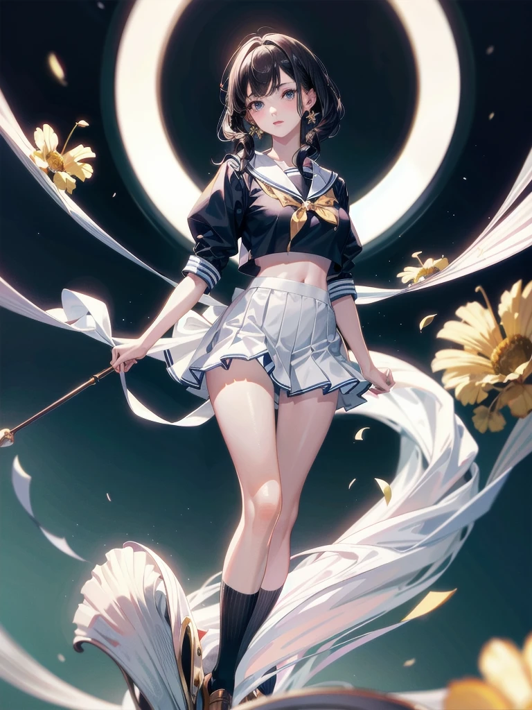 sailor school_uniform, absurdres, RAW photo, extremely delicate and beautiful, masterpiece, Best Quality, ultra high resolution, 32k, hyperrealistic, ultra-detailed, detailed description, pale skin, 20 years old, tearful mole, earring, Colossal tits, short medium hair, wavy hair, full body shot,