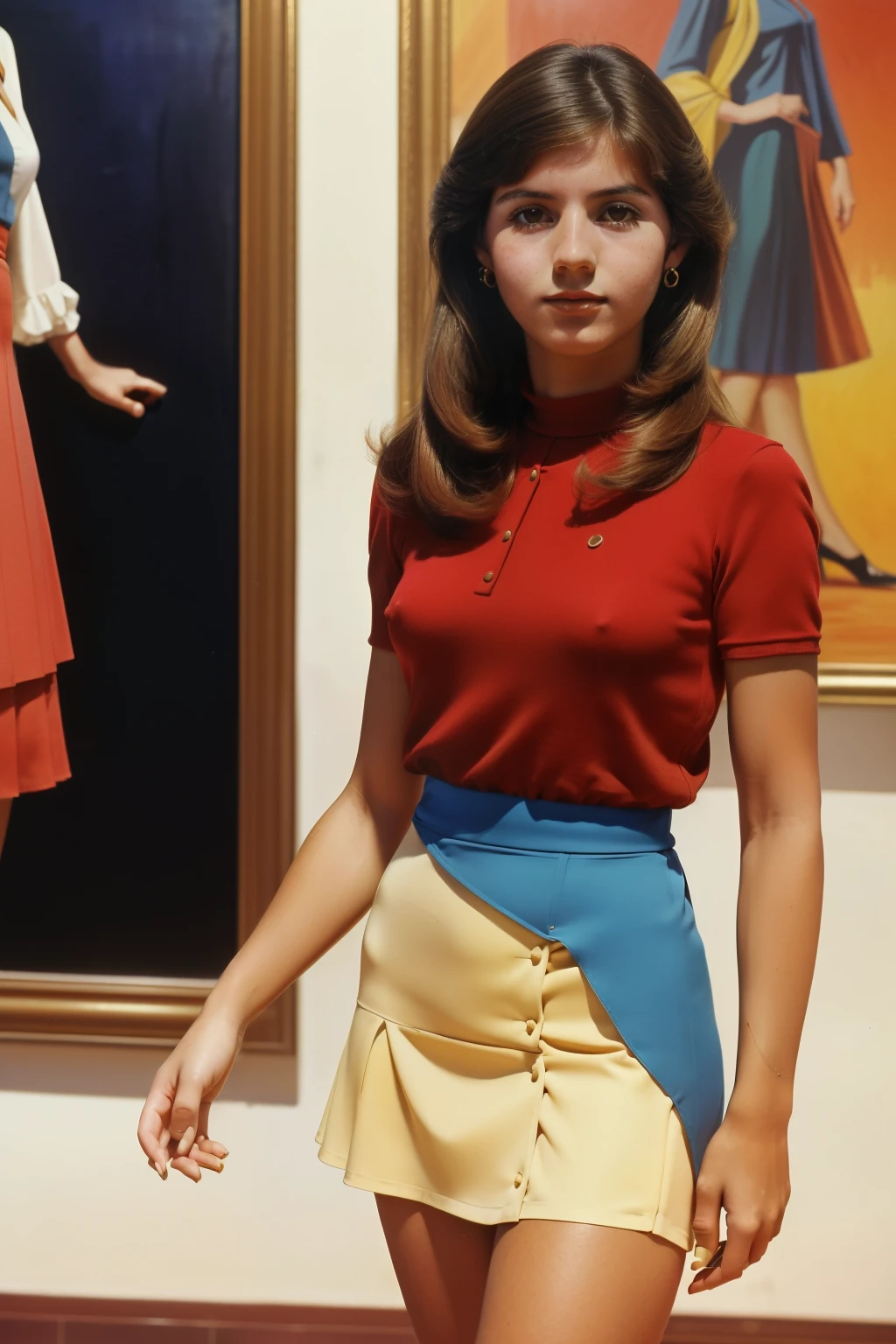 Tharsis, Spain, 1979. A young ((((17-year-old)) Carmela Estévez)), at the museum, paintings, ((((elegant clothings from the 1970s, short skirt)))), ((hairstyle of the 1970s)), colorful