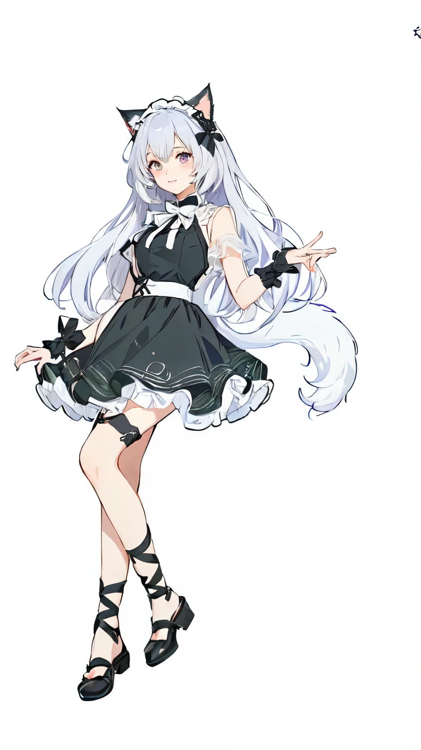 Wearing a black dress、Anime girl with a cat tail and a bow, Anime girl wearing black dress, Wear clothes, Cute anime girl in a beautiful skirt, Suitable for whole body, Anime cat girl in maid costume, White fox, Total commission, Anime full body illustration, !!Full body portrait!!, Adaptable personality, Cute anime catwoman