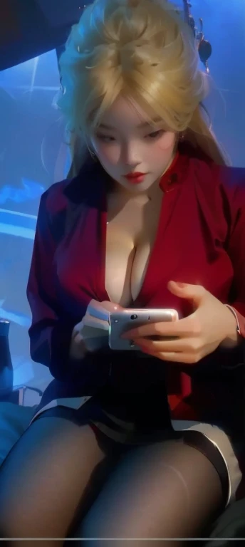 Blonde girl in red jacket sitting on bed and looking at mobile phone, Check her phone, generous crack open jacket, Beautiful Chinese model, Revealing clothes, Touch her clothes, Sexy Girls, 4 8 0 points, 480p, plump, goddess Check her phone, Check her phone,,Asian Girls, Sexy short skirt(Large Breasts、(((Cleavage))) photography, 8k, HDR, high resolution, absurd:1.2, Kodak Portrait 400, Film Grain, Blurred background, Bokeh:1.2, lens flare, (Full of energy_color:1.2),专业photography师