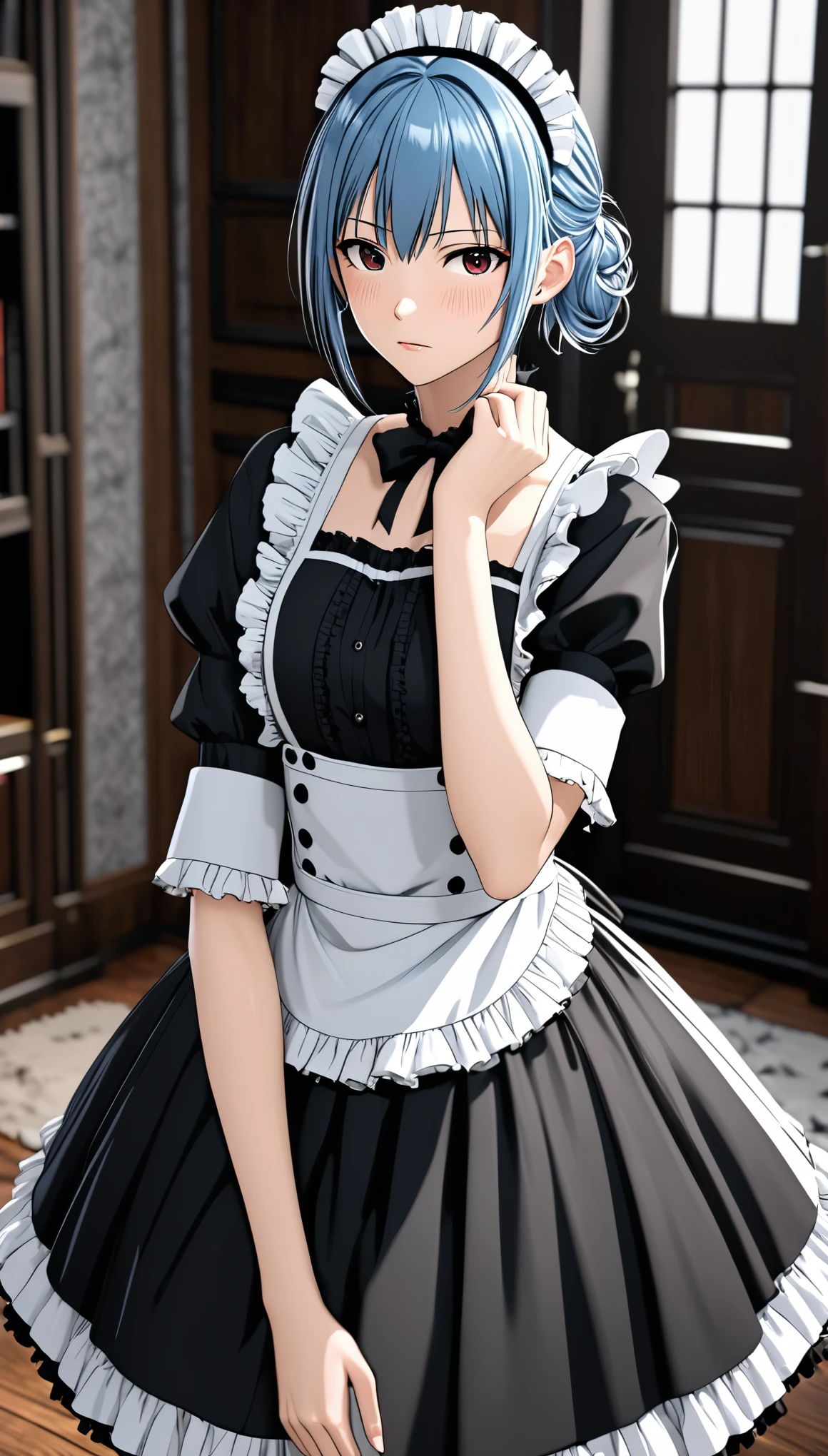 3D,Rendering，Unreal Engine，辛烷值Rendering，in style of Takeshi Obata,character concept design,half body,girl,black gothic maid dress \(idolmaster\),lightbluecoral hair,holding_hair,,Looking at feet anxiously，(blush,Don&#39;t look at the audience：1.8)，