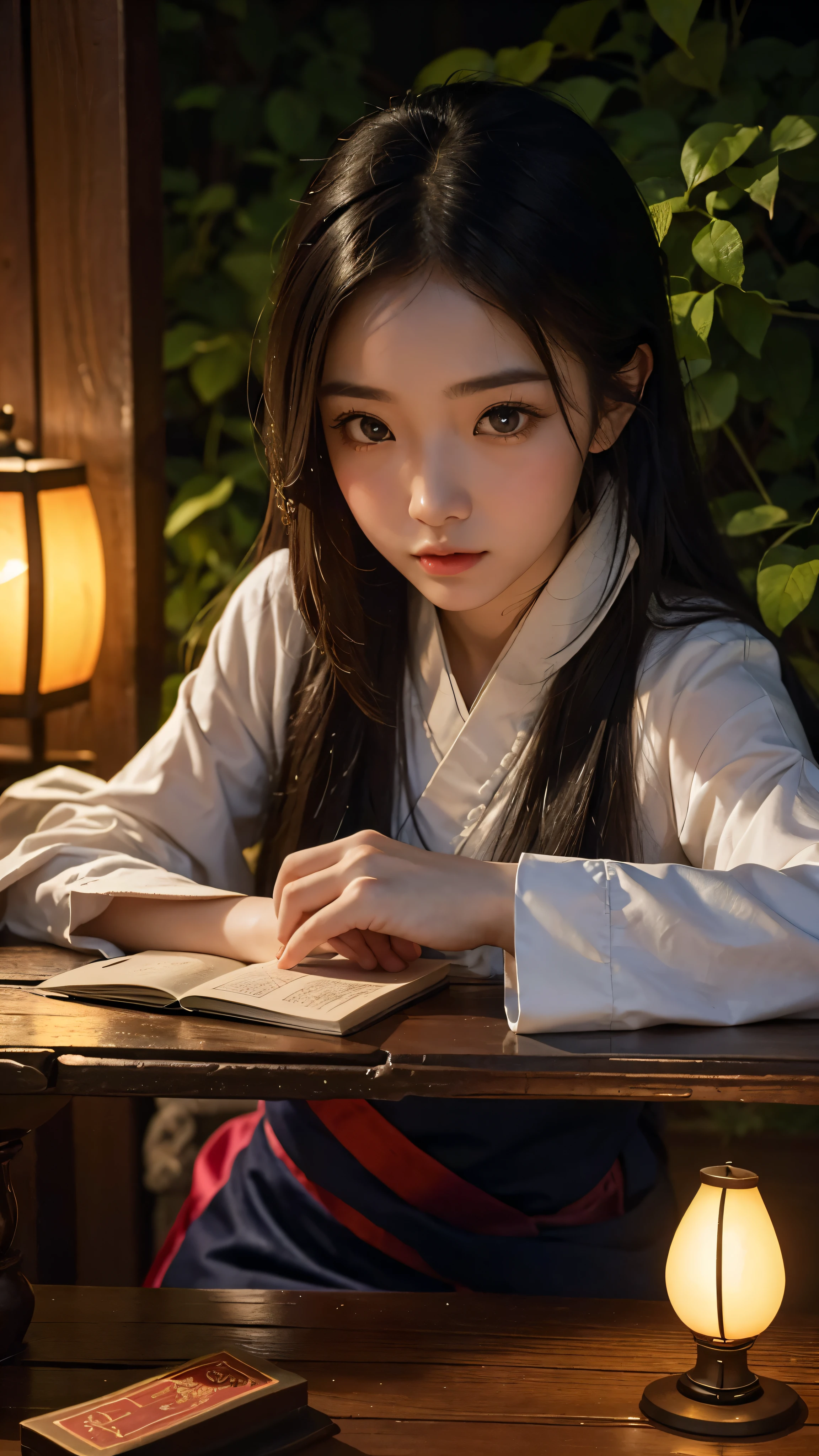 A photo of a beautiful girl in a traditional Chinese dress looking at ancient chinese book under lamp on a low table in garden surrounded by old walls in a peaceful night,((her right hold a pen and her left hand place on table)),((masterpiece)),realistic,4k,extremely detailed,((beautiful big eyes))