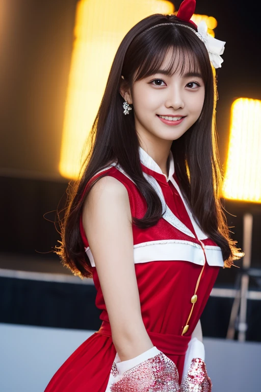 
1 girl, (Wearing a bright red idol costume:1.2), A photo book of very beautiful Nogizaka idols, 
(RAW Photos, highest quality), (Realistic, Photorealistic:1.4), (masterpiece), 
Very delicate and beautiful, Very detailed, 2k wallpaper, wonderful, finely, Very detailed CG Unity 8K 壁紙, Very detailed, High resolution, Soft Light, 
Beautiful detailed girl, Very detailed目と顔, Beautiful and detailed nose, finelyて美しい目, Cinema Lighting, 
(Idol Concert:1.4), (The background is a stage:1.3), 
Complete Anatomy, Slender body, small, smile