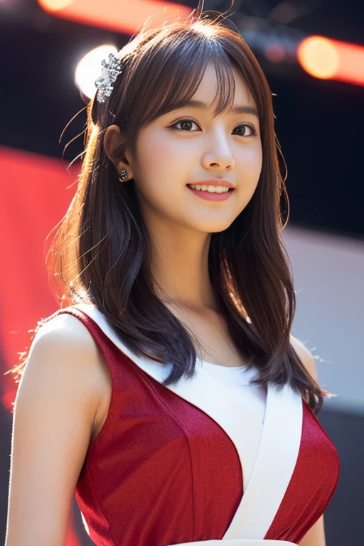 1 girl, (Wearing a bright red idol costume:1.2), A photo book of very beautiful Nogizaka idols,
(RAW Photos, highest quality), (Realistic, Photorealistic:1.4), (masterpiece),
Very delicate and beautiful, Very detailed, 2k wallpaper, wonderful, finely, Very detailed CG Unity 8K 壁紙, Very detailed, High resolution, Soft Light,
Beautiful detailed girl, Very detailed目と顔, Beautiful and detailed nose, finelyて美しい目, Cinema Lighting,
(Idol Concert:1.4), (The background is a stage:1.3),
Complete Anatomy, Slender body, small, smile