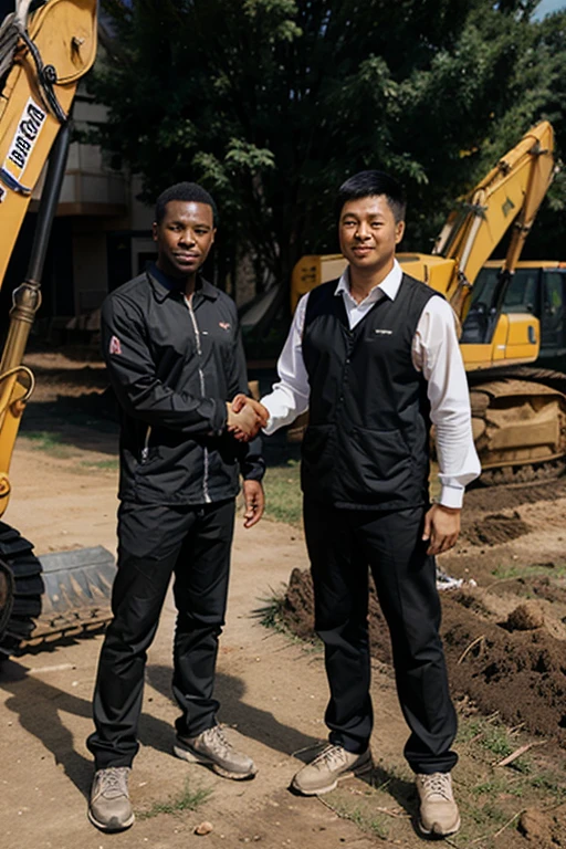 A black man and a Chinese man. It was nice to shake hands in front of the excavator.