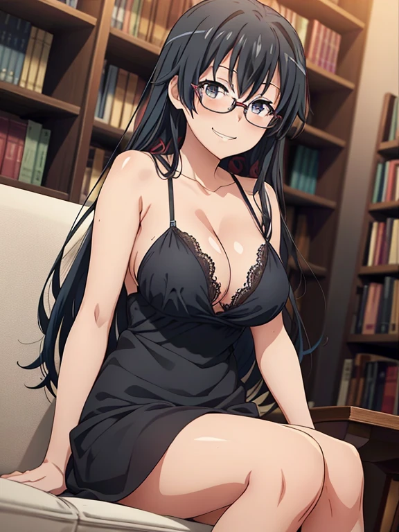 ((masutepiece, Best Quality, hight resolution, nffsw, Perfect Pixel, depth of fields, 4K, )), 1girl in, Solo, , Beautiful anime girl, Beautiful Art Style, 
sitting on sofa:1.3, library background, Looking at viewer. 
Perfect body, grin smile, black dress,

yukinoshita yukino, black hair, long hair, large breasts, geek glasses, Full face blush, 
straight-on:1.5, very low angle:1.3,