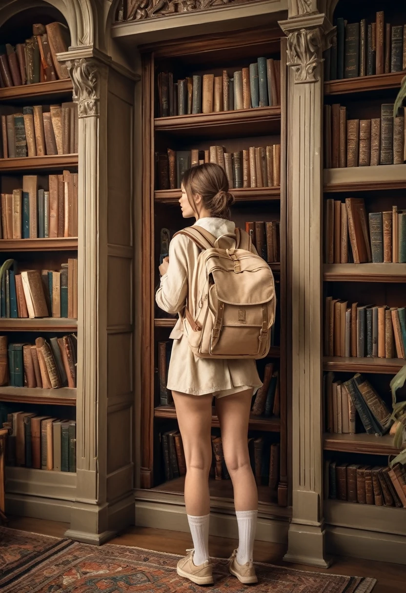 In a magic library, the adventurer looks at a bookshelf. She is wearing beige clothes and carrying a white backpack.
many details, extreme detailed, full of details,
Wide range of colors.
Many details everywhere.  soft shadows. Low saturation colors. Insane quality. Insane resolution. Insane details. Masterpiece. 32k resolution.
Dramatic,Dynamic,Cinematic,Sharp details
 
