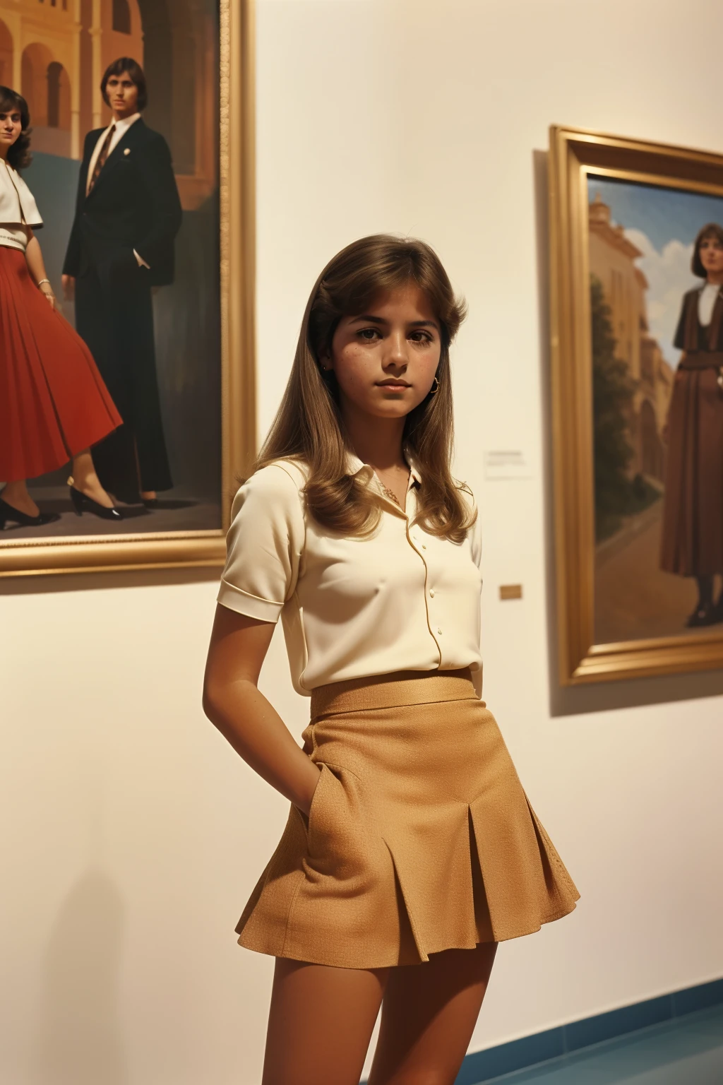 Tharsis, Spain, 1979. A young ((((17-year-old)) Carmela Estévez)), at the museum, looking at the paintings, ((((elegant clothings from the 1970s, short skirt)))), ((hairstyle of the 1970s)), colorful