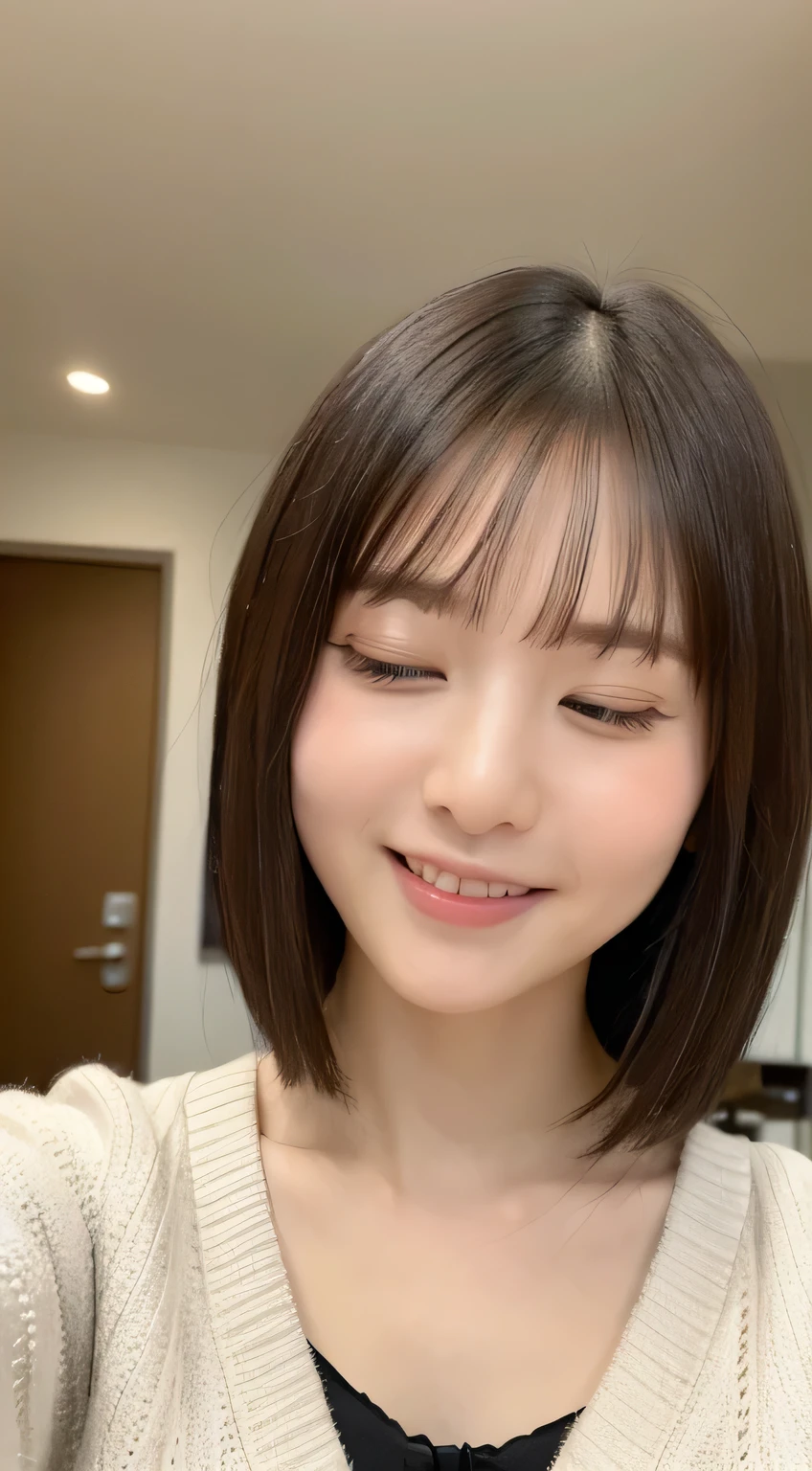 ((highest quality、8k、masterpiece:1.5))、One Girl、Laughter、(Mouth closed:1.3)、Blunt bangs、Bangle body: Lots of Esbian:1.4)、(Symmetrical face)、Ultra detailed face、Detailed eyes、Detailed ears、double eyelid、Slim face、(Selfie:1.3)、(Off the shoulder)、(Selfie)、(look up)、(From above)、(Large Breasts:0.9)、The background is blurred、Landscape、cardigan、Short Hair、