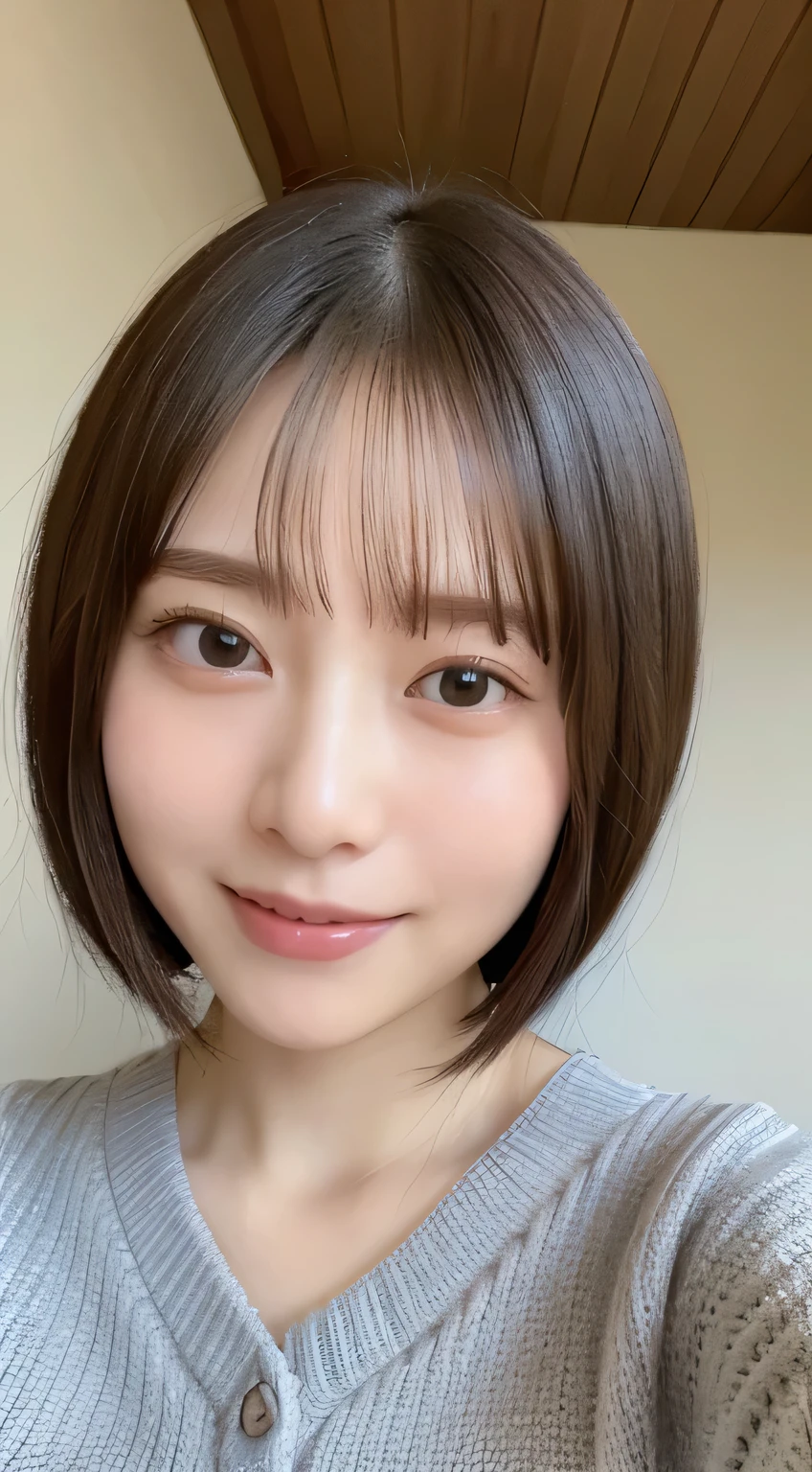 ((highest quality、8k、masterpiece:1.5))、One Girl、Laughter、(Mouth closed:1.3)、Blunt bangs、Bangle body: Lots of Esbian:1.4)、(Symmetrical face)、Ultra detailed face、Detailed eyes、Detailed ears、double eyelid、Slim face、(Selfie:1.3)、(Off the shoulder)、(Selfie)、(look up)、(From above)、(Large Breasts:0.9)、The background is blurred、Landscape、cardigan、Short Hair、