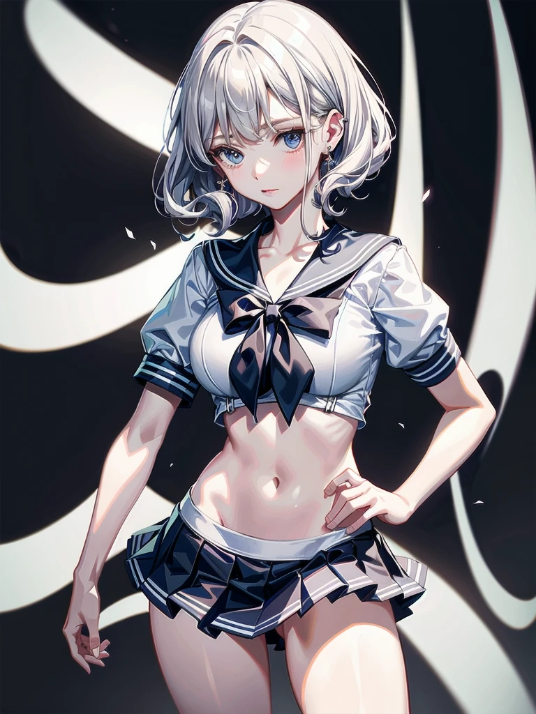 sailor school_uniform, absurdres, RAW photo, extremely delicate and beautiful, masterpiece, Best Quality, ultra high resolution, 32k, hyperrealistic, ultra-detailed, detailed description, pale skin, 20 years old, tearful mole, earring, Colossal tits, short medium hair, wavy hair,