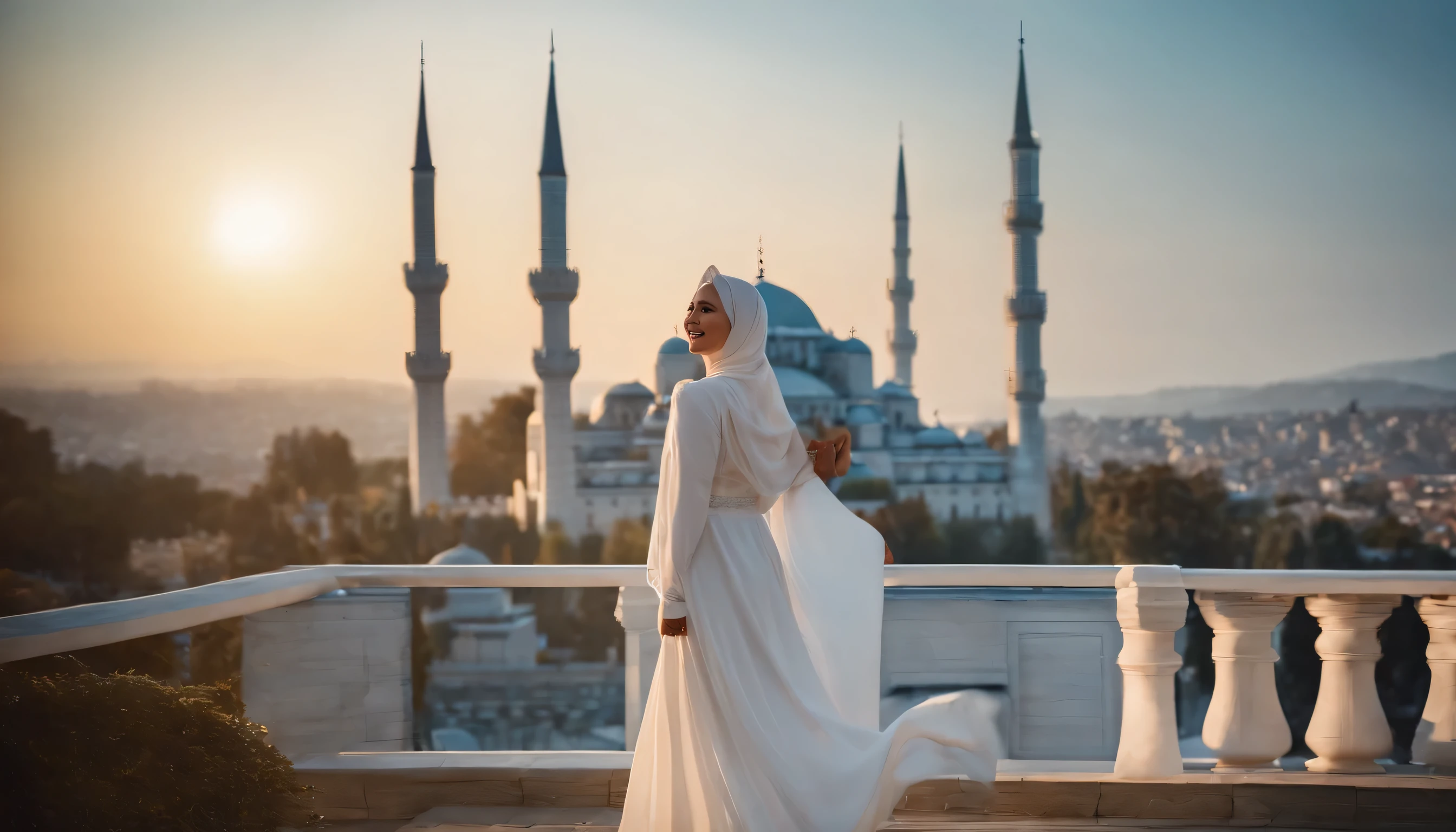 best quality, quality of'image 4K, 1 fille indo en hijab, Hanfu blanc, neige, long hijab flottant au vent, healing smile, grande ouverture, blurred background, Blue Mosque in the background, cadrage de la prise de vue du film, high quality, cinematic scene, cinema lighting, Ambiance chaude, ultra detail, 8k,