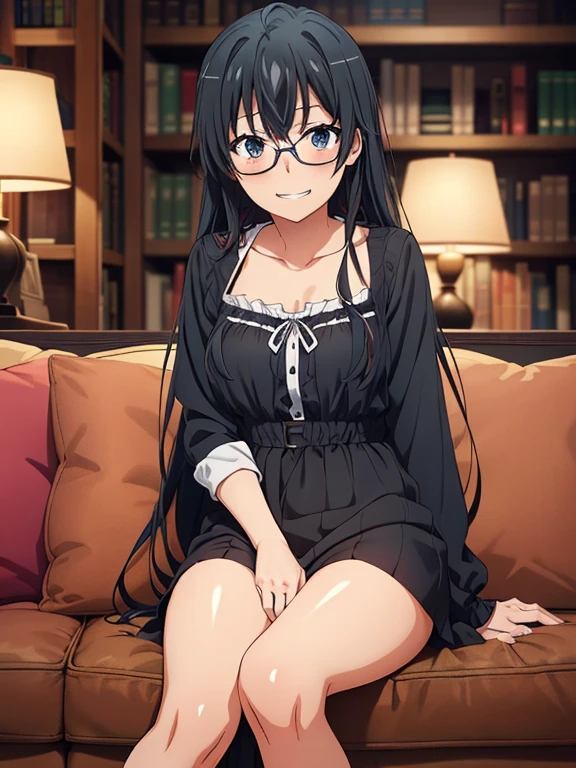 masterpiece, best quality,
Hasegawa chisato, 1girl, solo, breasts, long hair, large breasts, green eyes, antenna hair, black hair, garter straps, looking at viewer, semi-rimless eyewear, black thighhighs, hair between eyes, long sleeves, lace trimmed lingerie , smile , happy