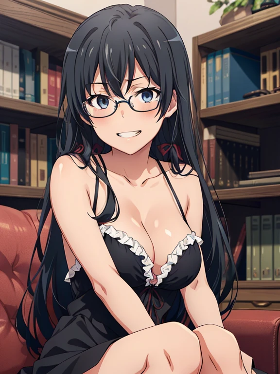 ((masutepiece, Best Quality, hight resolution, nffsw, Perfect Pixel, depth of fields, 4K, )), 1girl in, Solo, , Beautiful anime girl, Beautiful Art Style, 
sitting on sofa:1.3, library background, Looking at viewer. 
Perfect body, grin smile, black dress,

yukinoshita yukino, black hair, long hair, medium breasts, show feet:1.5, geek glasses, Full face blush, 
straight-on:1.5, very low angle:1.3,