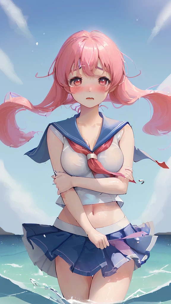 One girl、Beautiful girl in sailor suit、Cleavage、blush shyly、Splash、キラキラしたSplash、fantasy、My skirt was blown up by the wind、High resolution、8k
