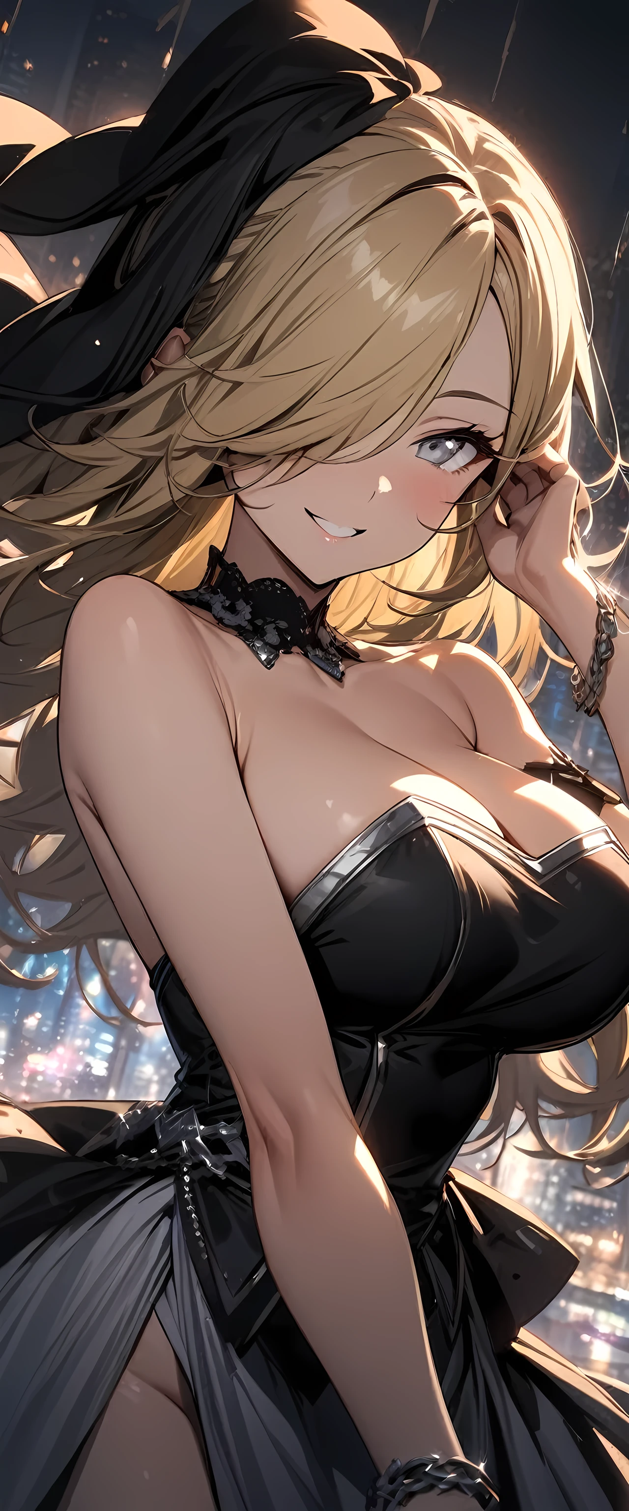 (masterpiece), best quality, expressive eyes, perfect face,1girl,collarbone, bracelet, high heels,(blonde hair),cleavage,(black and silver strapless idol long dress:1.3),(bare shoulders),big breasts,cityscape,nightlights,dynamic angle,smiles,standing,head tilt,sexy pose,portrait close-up,(silver eyes:1.1),bangles,thighhigh boots,chains background,(hair covering one eye:1.4)