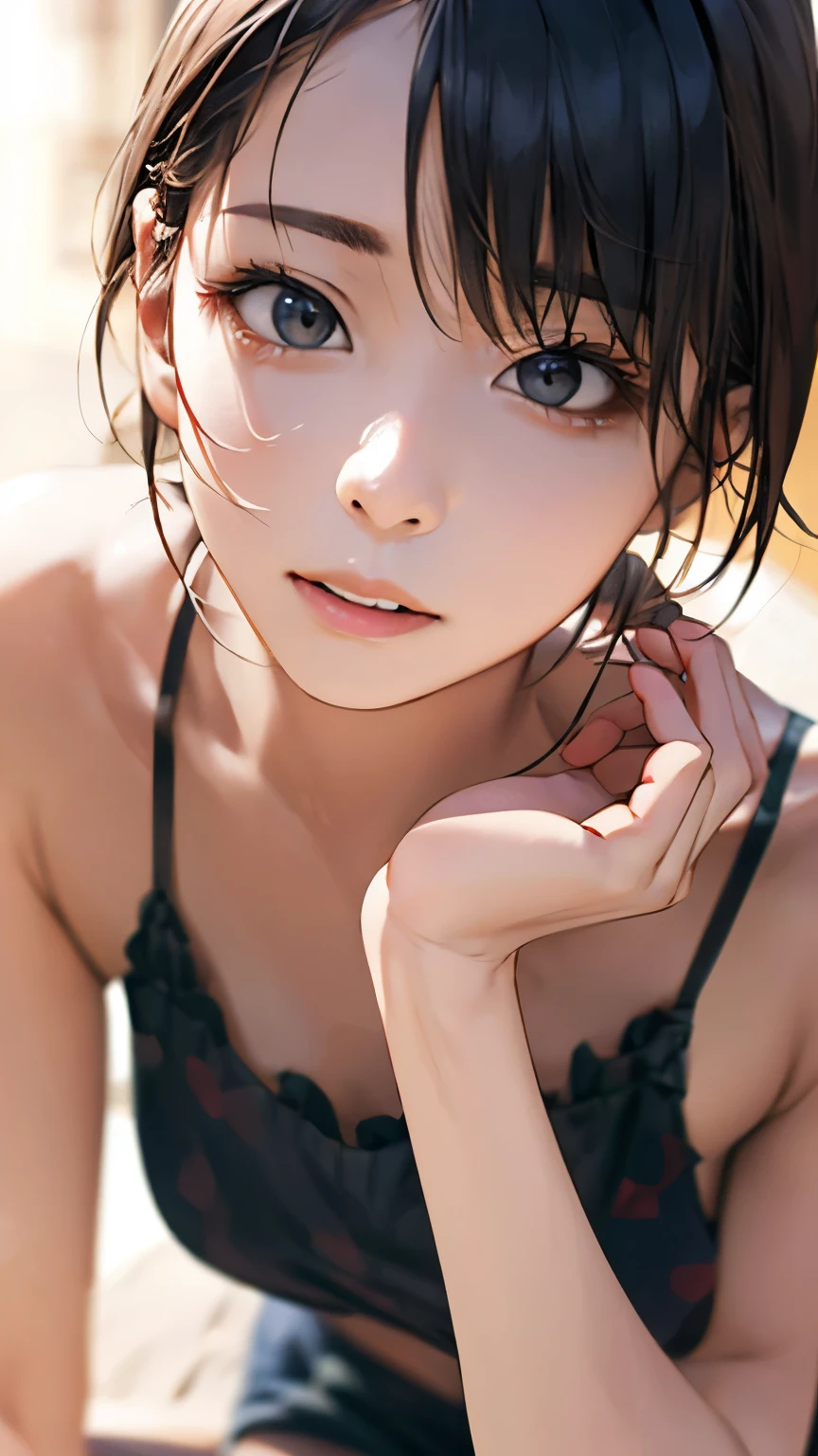 (hig彼st quality、8k、32k、masterpiece)、(Realistic)、(Realistic:1.2)、(High resolution)、Very detailed、Very beautiful face and eyes、1 girl、Delicate body、short hair, (hig彼st quality、Attention to detail、Rich skin detail)、(hig彼st quality、8k、Oil paint:1.2)、Very detailed、(Realistic、Realistic:1.37)、Bright colors、Full Body Shot, (Casual Fashion)