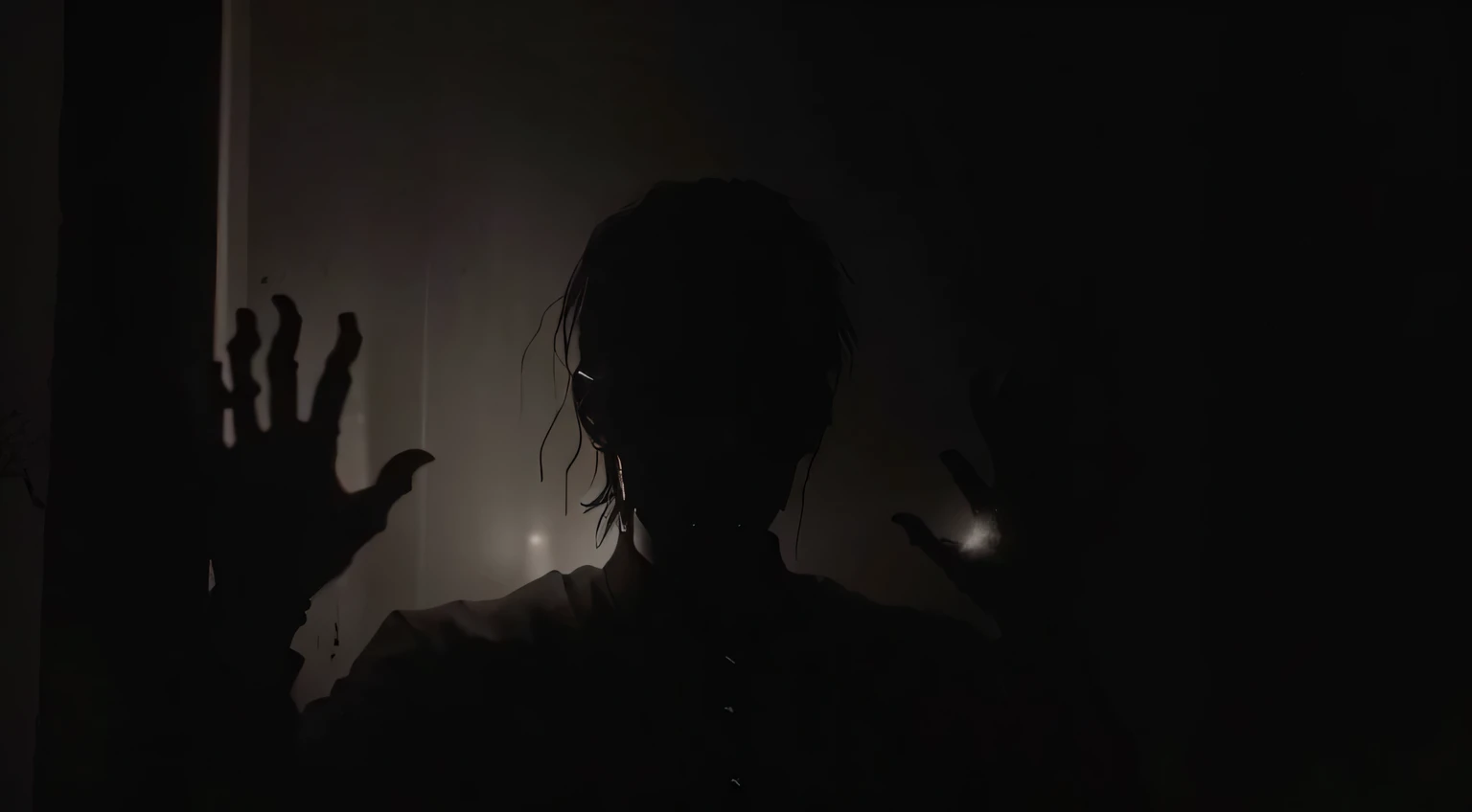 In the darkness, a silhouette of a man raised his hands, weird person silhouette, Dark and scary character, psychological horror movie still, Dark eerie movie frames, scary shadow people, weird person, photo of scp-173, Disturbing discovery footage, horror movie still, Standing in dimly lit room gothic style
