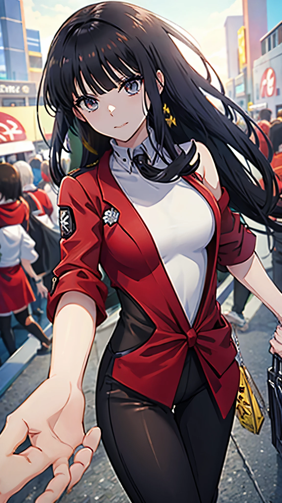 Anime style,female,Red Outfit,Black long Hair,Red Multicolored Hair,City Background