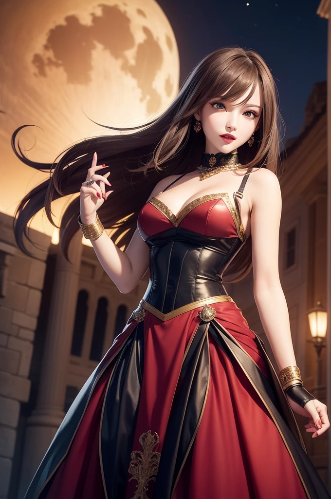 royal knight:1.3, (masterpiece, best quality:1.37), Super Detail:1.37, Super sharp:1.37, anime style, Illustration of a female royal knight. Female royal knight in royal knight armor and sunglasses. Female royal knight standing on the night street under the red full moon, A charming smile, open mouth, Vampire Teeth, Vampire Fangs, Vampire fashion style, Watching people see,