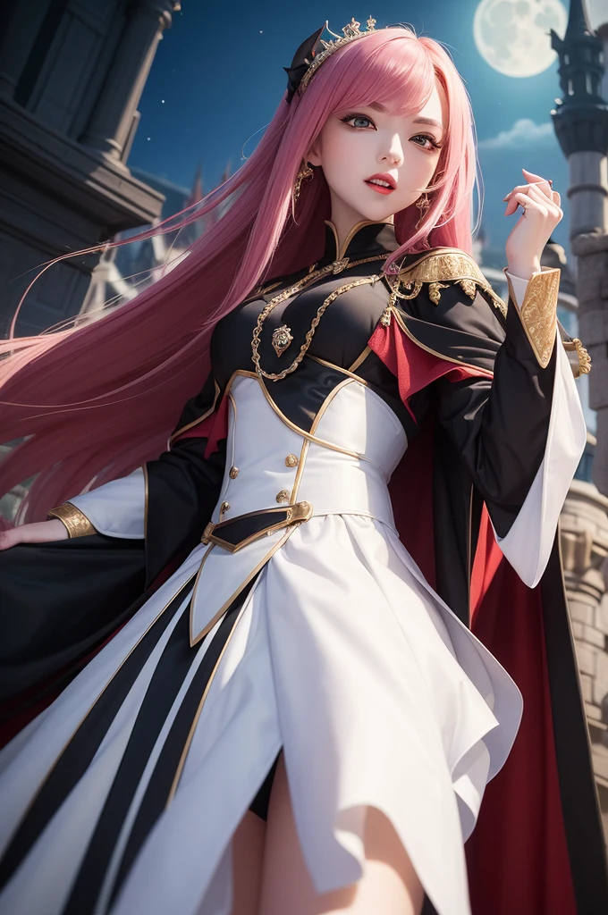 royal knight:1.3, (masterpiece, best quality:1.37), Super Detail:1.37, Super sharp:1.37, anime style, Illustration of a female royal knight. Female royal knight in royal knight armor and sunglasses. Female royal knight standing on the night street under the red full moon, A charming smile, open mouth, Vampire Teeth, Vampire Fangs, Vampire fashion style, Watching people see,