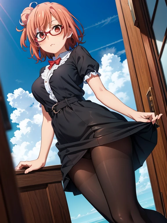 ((masutepiece, Best Quality, hight resolution, nffsw, Perfect Pixel, depth of fields, 4K, )), 1girl in, Solo, , Beautiful anime girl, Beautiful Art Style, full body,
very low view angle:1.3, view from below:1.5, sky from below:1.5, hotel room background, standing,
Perfect body, pout face,
Yuigahama Yui, Hair bun, short hair, large breasts, geek glasses:1.3, lift skirt:1.5, show panties:1.5,
Full face blush, black pantyhose:1.4, black lace dress:1.2, red face,
straight-on:1.3, medium shot
