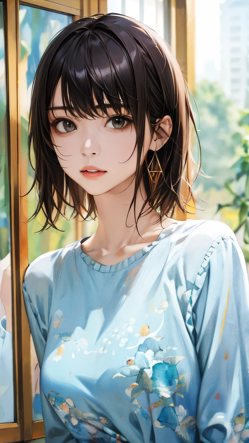 (hig彼st quality、8k、32k、masterpiece)、(Realistic)、(Realistic:1.2)、(High resolution)、Very detailed、Very beautiful face and eyes、1 girl、Delicate body、short hair, (hig彼st quality、Attention to detail、Rich skin detail)、(hig彼st quality、8k、Oil paint:1.2)、Very detailed、(Realistic、Realistic:1.37)、Bright colors、Full Body Shot, (Casual Fashion)