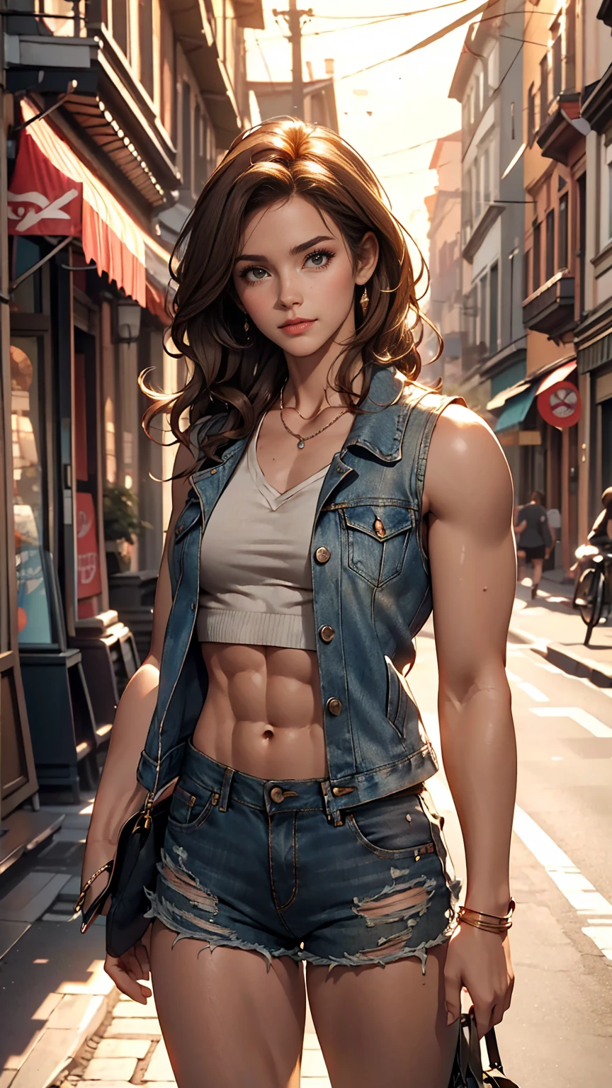 ((small breasts, tomboyish girl, cute, flirtatious)), (chiselled muscles: 1.1), (perfect body: 1.1), (short wavy hair: 1.2), red hair, full body photo, busy street, white tank top, denim jacket, gold necklace((jeans shorts)), ((walking)), (extremely detailed CG 8k wallpaper), (an extremely delicate and beautiful masterpiece), (best quality: 1.0), (high resolution: 1.0), beautiful lighting,  Perfect lighting, realistic shadows, [Highres], detailed, ultra-detailed, full-body back skin