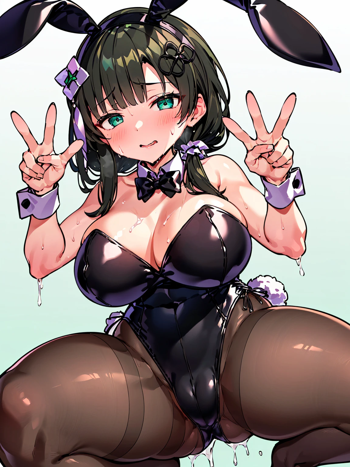 sweat, Sweaty and wet all over,((gigantic breast)),((Perfect body,))((Super beautiful,))((High quality,))pov, Looking at Viewer, ((Yujia Wang,Wang Yujia,hair ornament,))((Playboy Bunny girl costume,fishnets pantyhose, black pantyhose,bunny rabbit ear hairband,)), Heavy breathing, sweat, Sweaty and wet all over,((Show off your crotch by opening your crotch in a crouching posture,peace sign with both hands,Face and whole body wet with sweat and semen and glossy,)),