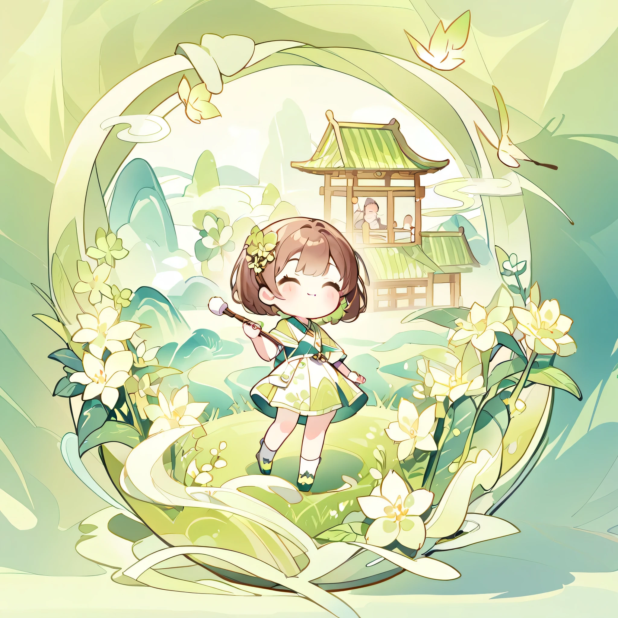 have fun,Hold a brush in hand,I wish you happiness and good health,Depth of detail,Q version three-headed body,Transparent watercolor、girl、Beautiful arrangement and theme、Write Depth、Flat avatar, 1girl, (Brown short hair),Fashionable design clothing(Green and White)),Green meadow in background、 Lovely girl, plain attire, Big Avatar,