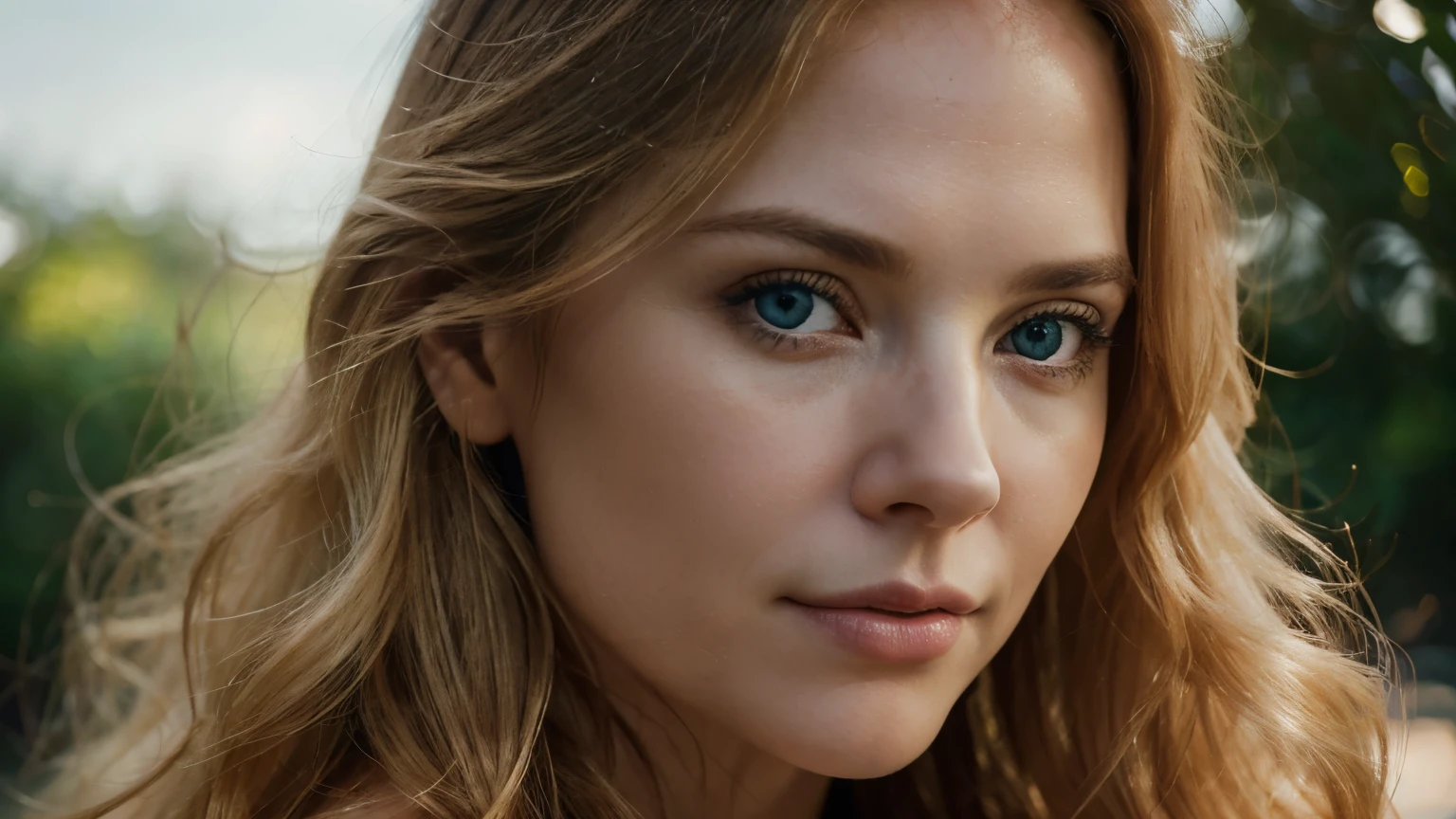 A close up hiper realistic portrait photograph of a beautiful young woman with long light blonde wavy hair, bright blue eyes, the face is a combination of the beauty of Nicole Kidman and Jessica Chastain ::Shot on a Canon EOS 5D Mark IV with a 200mm f/1.4L IS USM lens, capturing rich tonality, exceptional sharpness, and a smooth bokeh background ::1 High-resolution ::emphasizing her raw emotion and vulnerability, :: high-resolution, worthy of a collector's edition prints ::