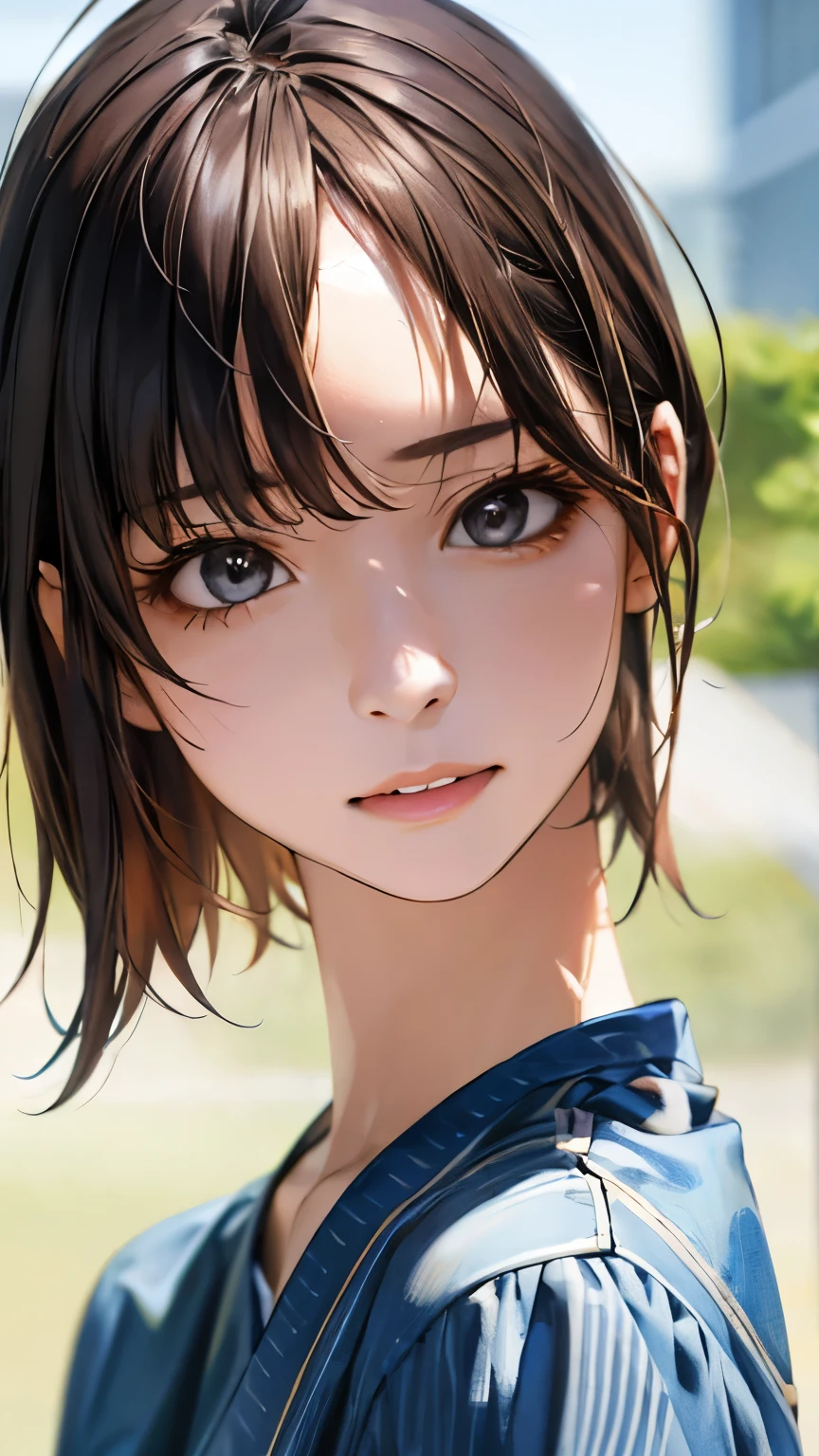 (hig彼st quality、8k、32k、masterpiece)、(Realistic)、(Realistic:1.2)、(High resolution)、Very detailed、Very beautiful face and eyes、1 girl、Delicate body、short hair, (hig彼st quality、Attention to detail、Rich skin detail)、(hig彼st quality、8k、Oil paint:1.2)、Very detailed、(Realistic、Realistic:1.37)、Bright colors、Full Body Shot, (Casual Fashion)
