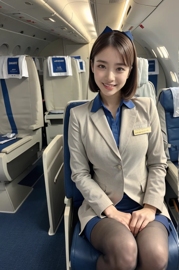 (8K, best quality, masterpiece:1.2), (realistic, photo-realistic:1.37), (high color saturation:1.0), (highly detailed skin), (highest quality:1.0), (ultra high resolution:1.0) ,(realistic:1.0), (Super detailed:1.0), (8K, Raw photo:1.1)、standing random pose, smiling, natural breast, perfect lighting, 3girls, 24years old, (mysterious), clear and detailed, ((ANA_Cabin Crew, blue flight attendant_uniform)), beige pantyhose, (aircraft, aircraft seats), cute face,