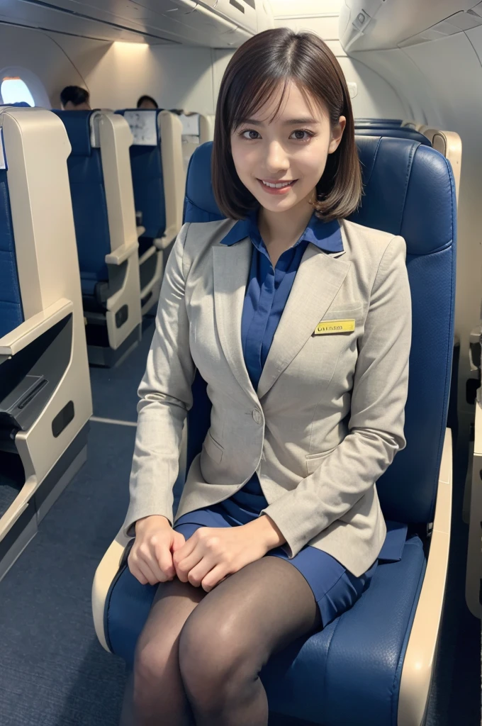 (8K, best quality, masterpiece:1.2), (realistic, photo-realistic:1.37), (high color saturation:1.0), (highly detailed skin), (highest quality:1.0), (ultra high resolution:1.0) ,(realistic:1.0), (Super detailed:1.0), (8K, Raw photo:1.1)、standing random pose, smiling, natural breast, perfect lighting, 3girls, 24years old, (mysterious), clear and detailed, ((ANA_Cabin Crew, blue flight attendant_uniform)), beige pantyhose, (aircraft, aircraft seats), cute face,