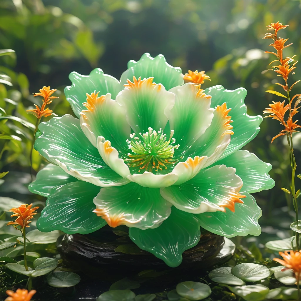 best quality, very good, 16K, ridiculous, Extremely detailed, Gorgeous slime flame flower，Made of translucent jadeite, Background grassland（（A masterpiece full of fantasy elements）））， （（best quality））， （（Intricate details））（8k）