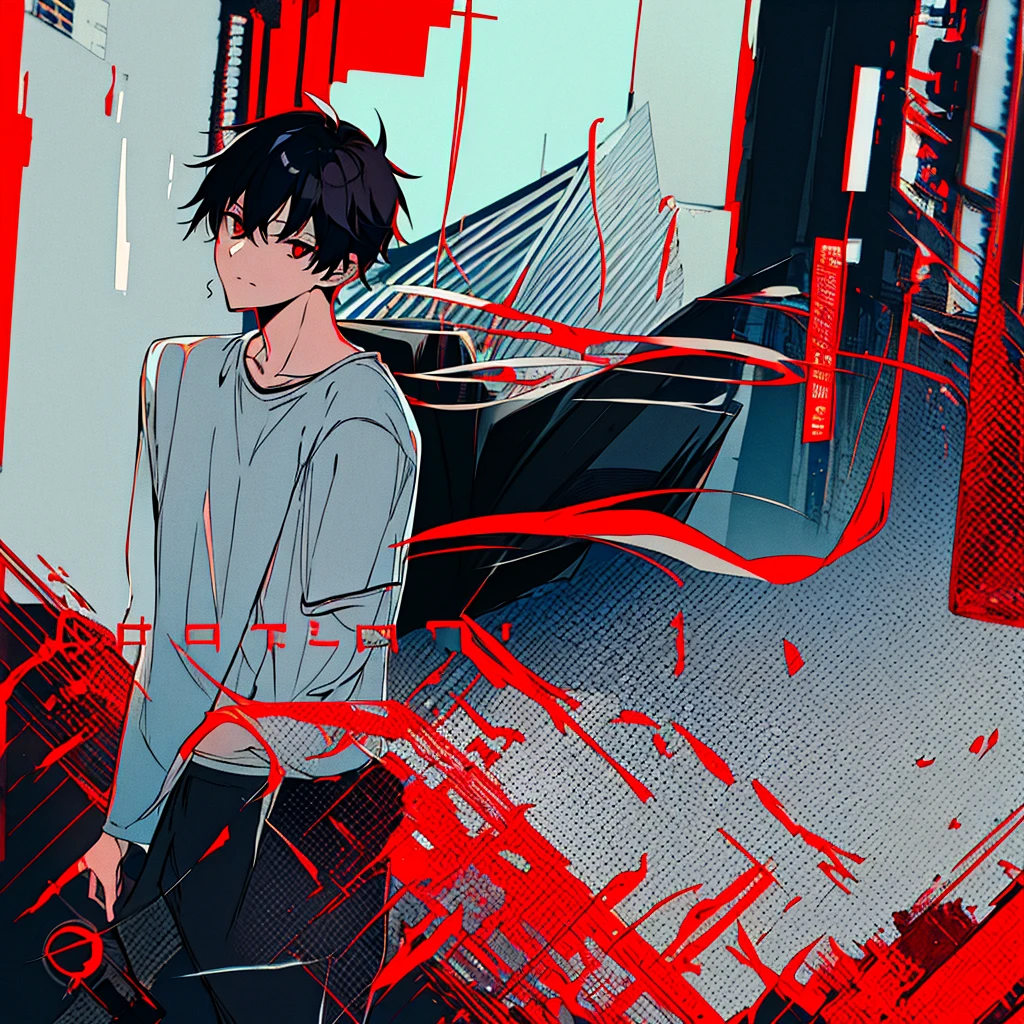Can you generate an image for me of a single cover with a manga boy with black hair and red eyes?, avec une veste blanche et un t-shirt noir, le dernier plan sont les building de Tokyo qui a pour titre "Shutdown" le style de la music est phonk Funk et Jersey.