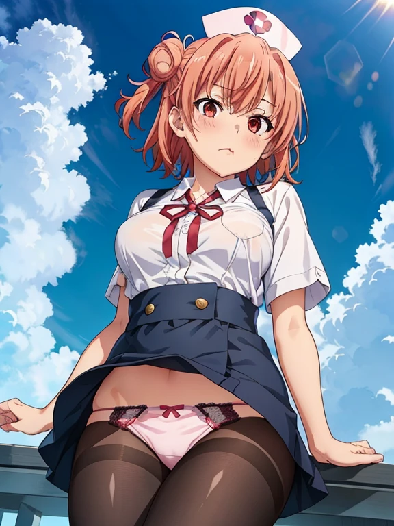 ((masutepiece, Best Quality, hight resolution, nffsw, Perfect Pixel, depth of fields, 4K, )), 1girl in, Solo, , Beautiful anime girl, Beautiful Art Style,
very low view angle:1.3, view from below:1.5, sky from below:1.5, hotel room background, standing,
Perfect body, pout face,
Yuigahama Yui, Hair bun, short hair, large breasts, show panties:1.5,
Full face blush, black pantyhose:1.4, nurse uniform:1.2, red face,
straight-on:1.3, medium shot