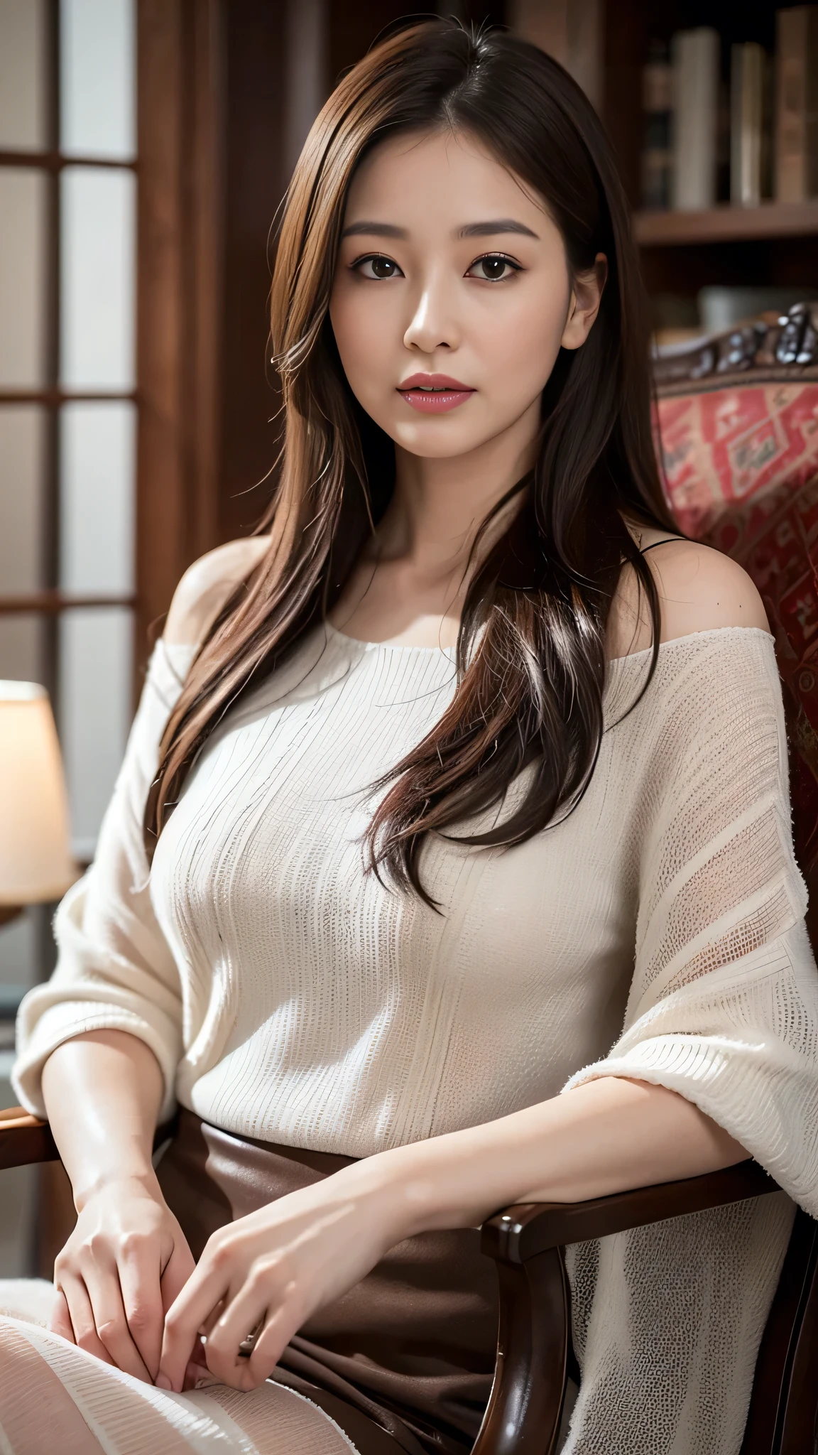 In the dimly lit indoor setting, an adult woman with dark brown hair cascading down to her shoulders and light brown eyes that sparkle with an enigmatic allure sits comfortably on a plush chair. The highest quality of this ultra-high definition image (1.4) showcases every intricate detail of her features, making her appearance all the more captivating. Her face, around 40 years old, boasts elegantly lined features that add to her sophisticated beauty. The complex details of her face (1.2) are captured perfectly, highlighting the delicate structures of her nose, her plump, full lips, and her finely lined mouth. Her eyes, with detailed irises